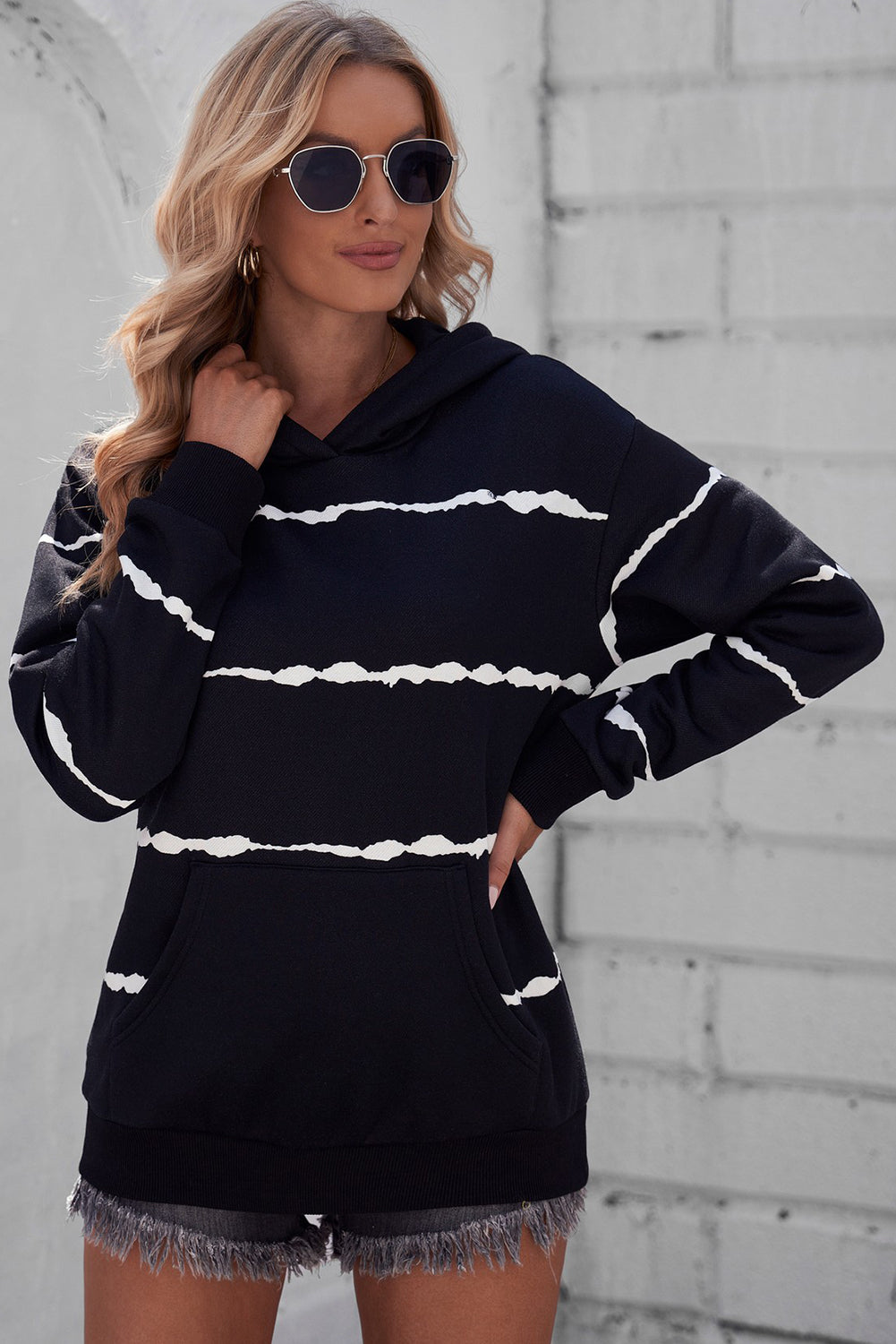 Striped Drop Shoulder Hoodie with Kangaroo Pocket - Carly Joann's Closet