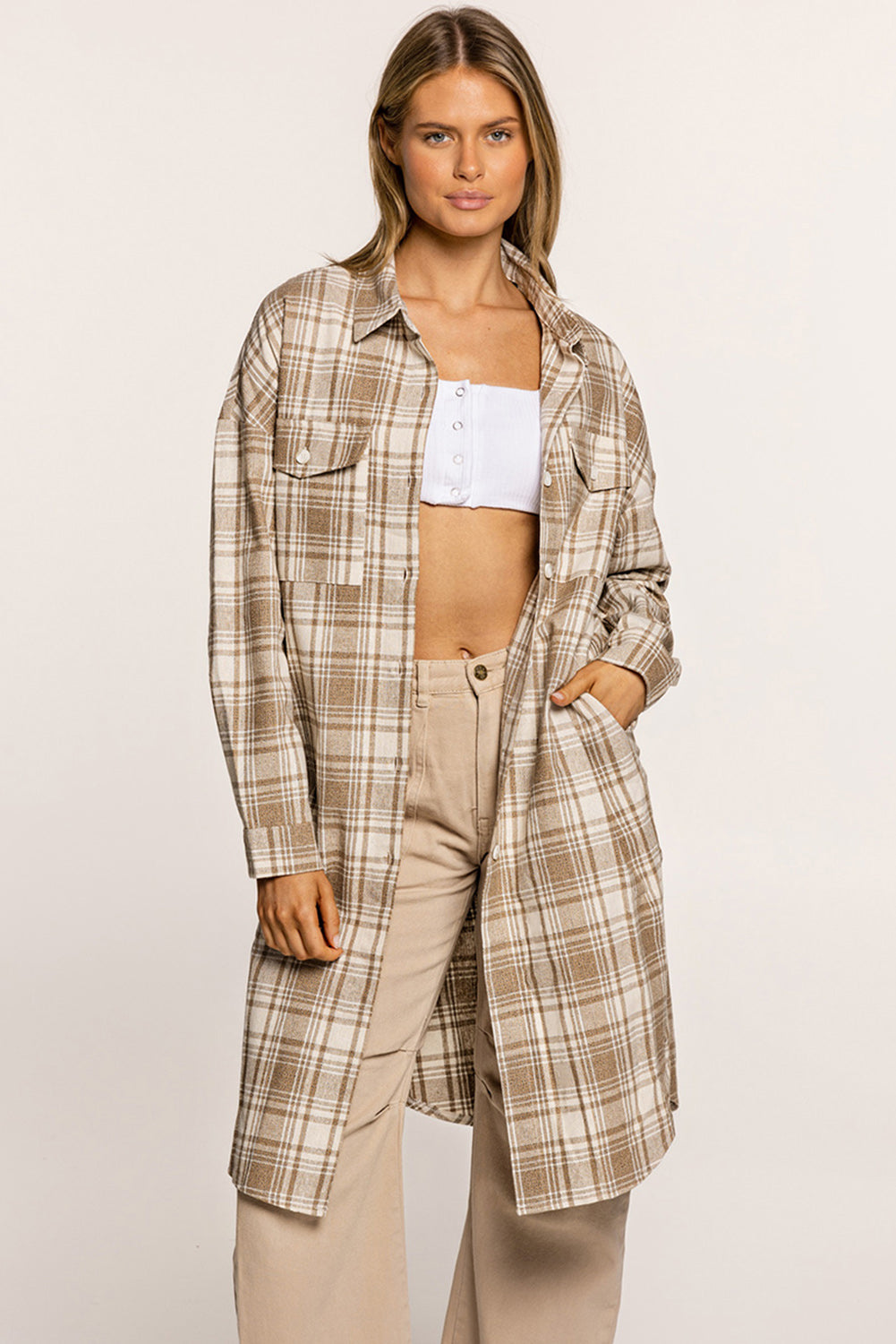 Plaid Button-Up Longline Shacket with Breast Pockets - Carly Joann's Closet