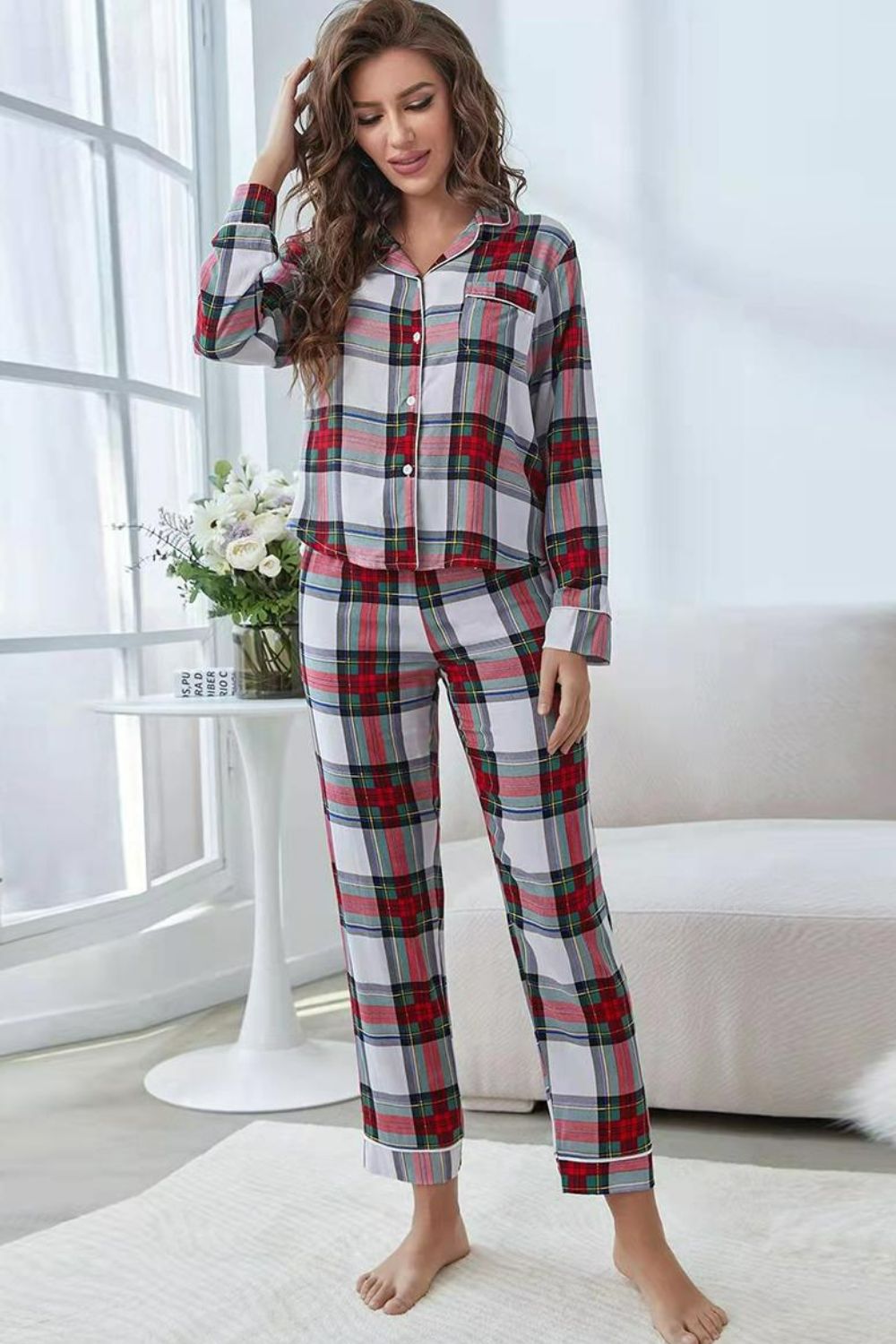 Plaid Button Front Top and Pants Lounge Set - Carly Joann's Closet