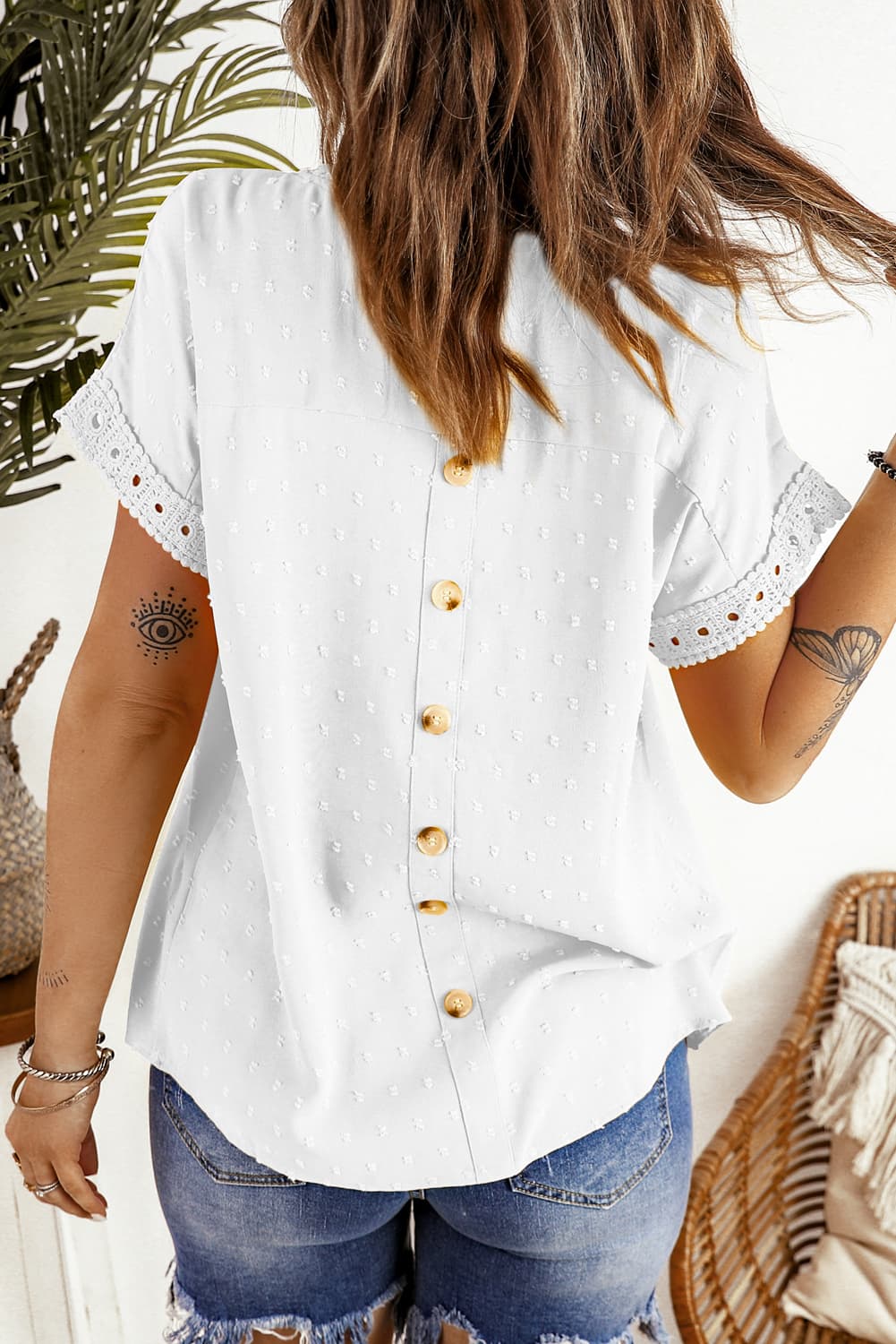 Swiss Dot Decorative Button Short Sleeve Blouse - Carly Joann's Closet