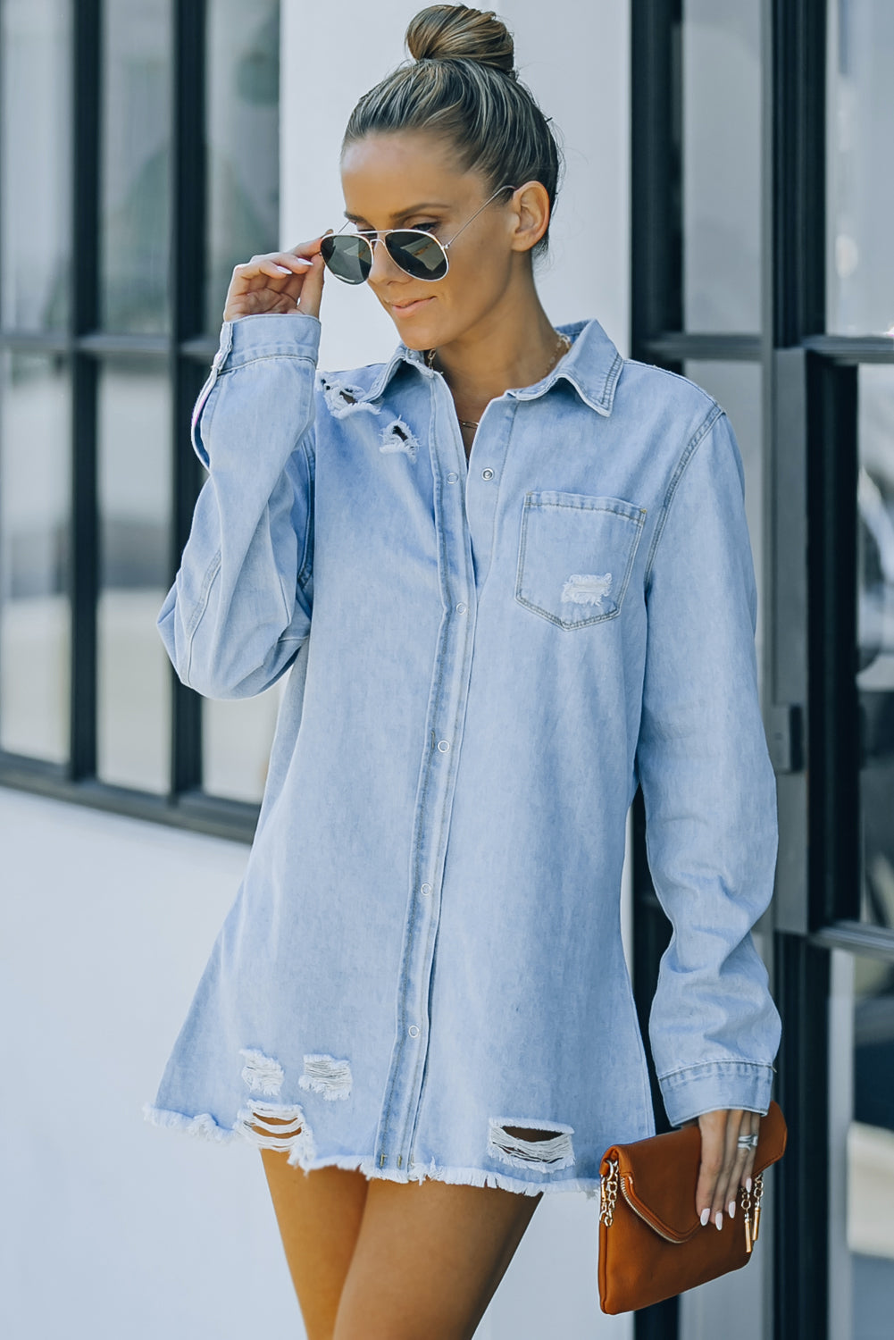 Distressed Snap Down Denim Jacket - Carly Joann's Closet