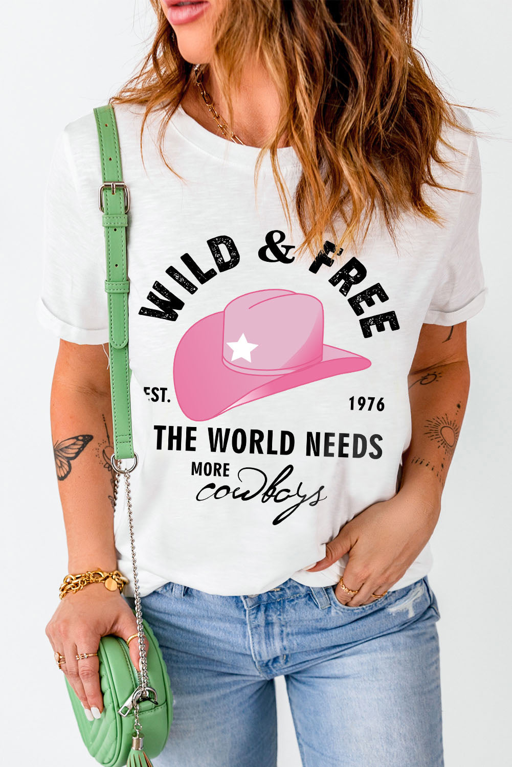 Slogan Graphic Cuffed Tee Round Neck Tee Shirt - Carly Joann's Closet