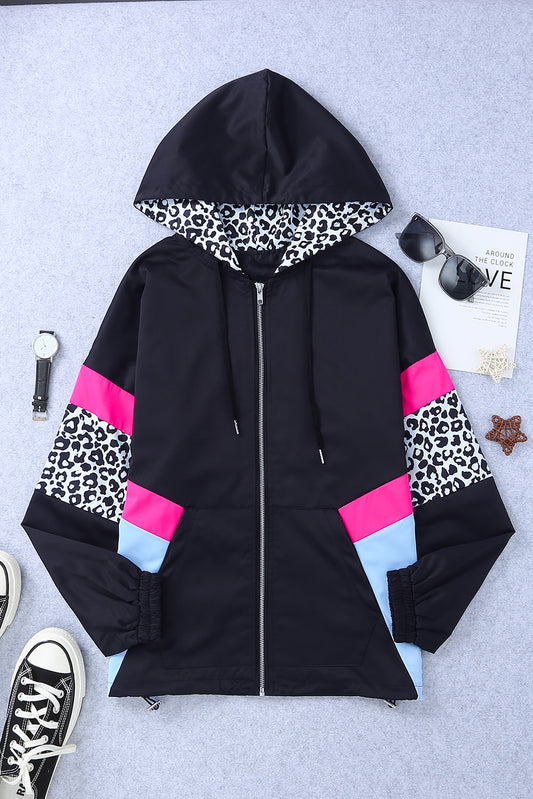 Leopard Color Block Zip-Up Hooded Jacket - Carly Joann's Closet