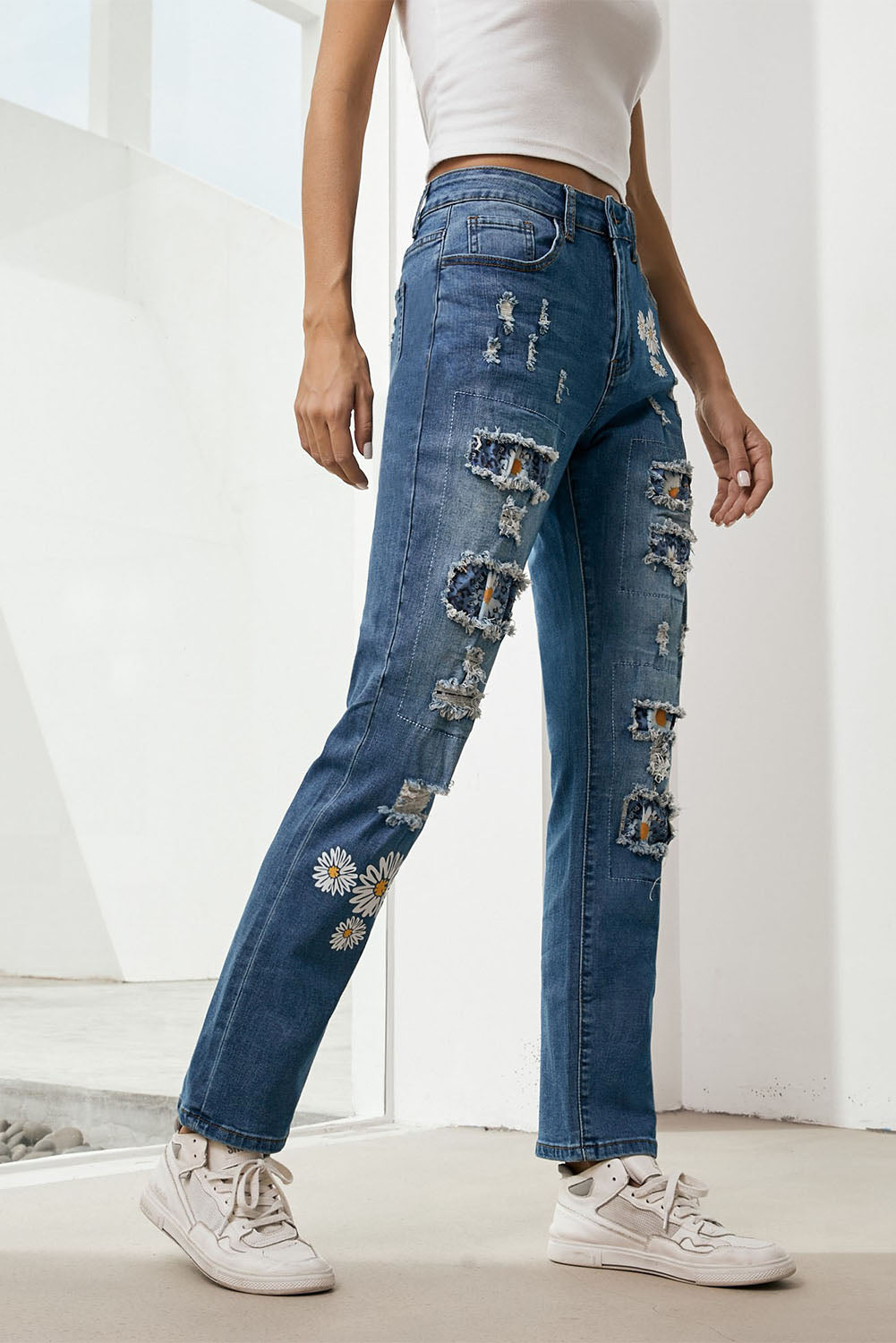 Printed Patch Distressed Boyfriend Jeans - Carly Joann's Closet