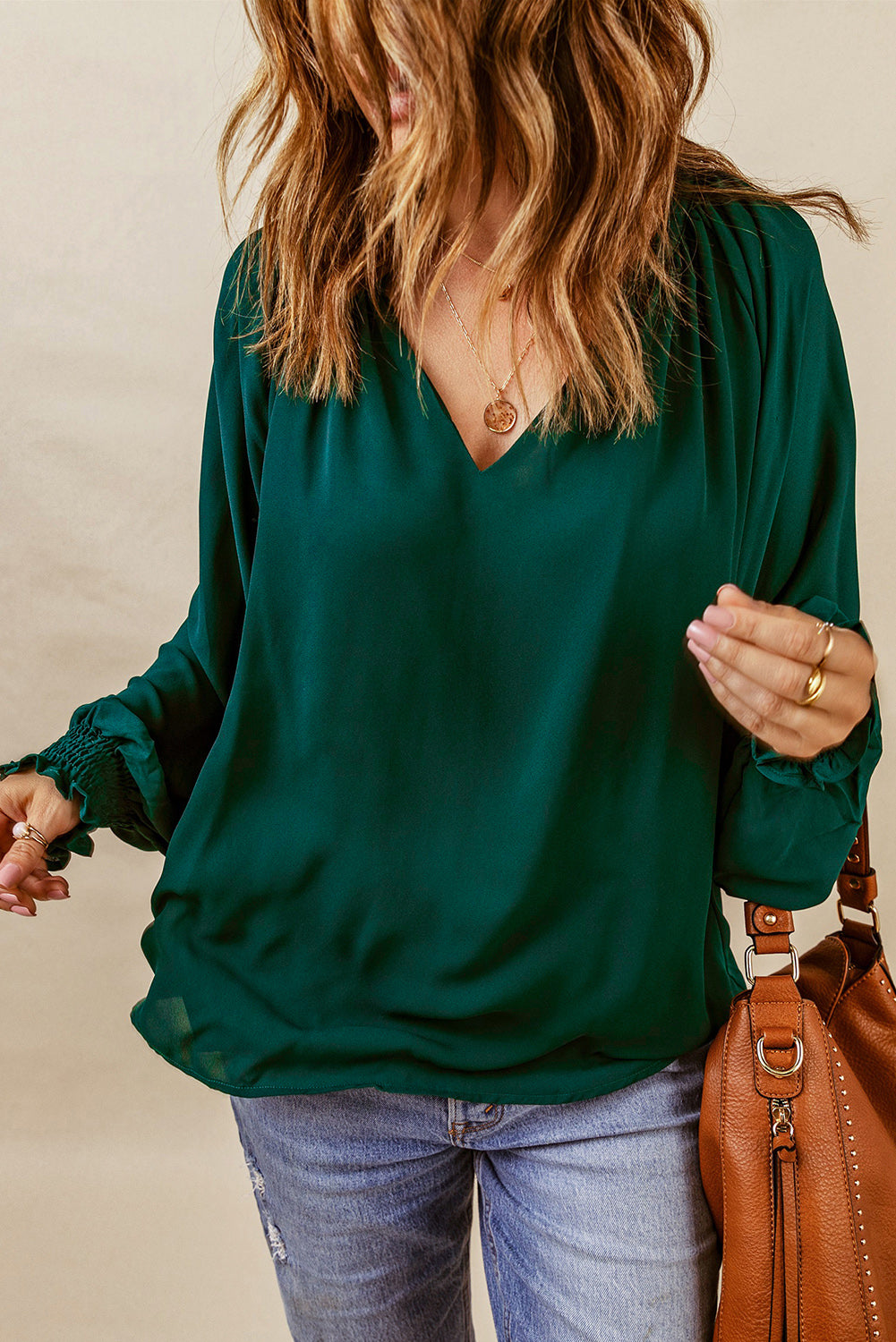 Notched Neck Lantern Sleeve Blouse - Carly Joann's Closet