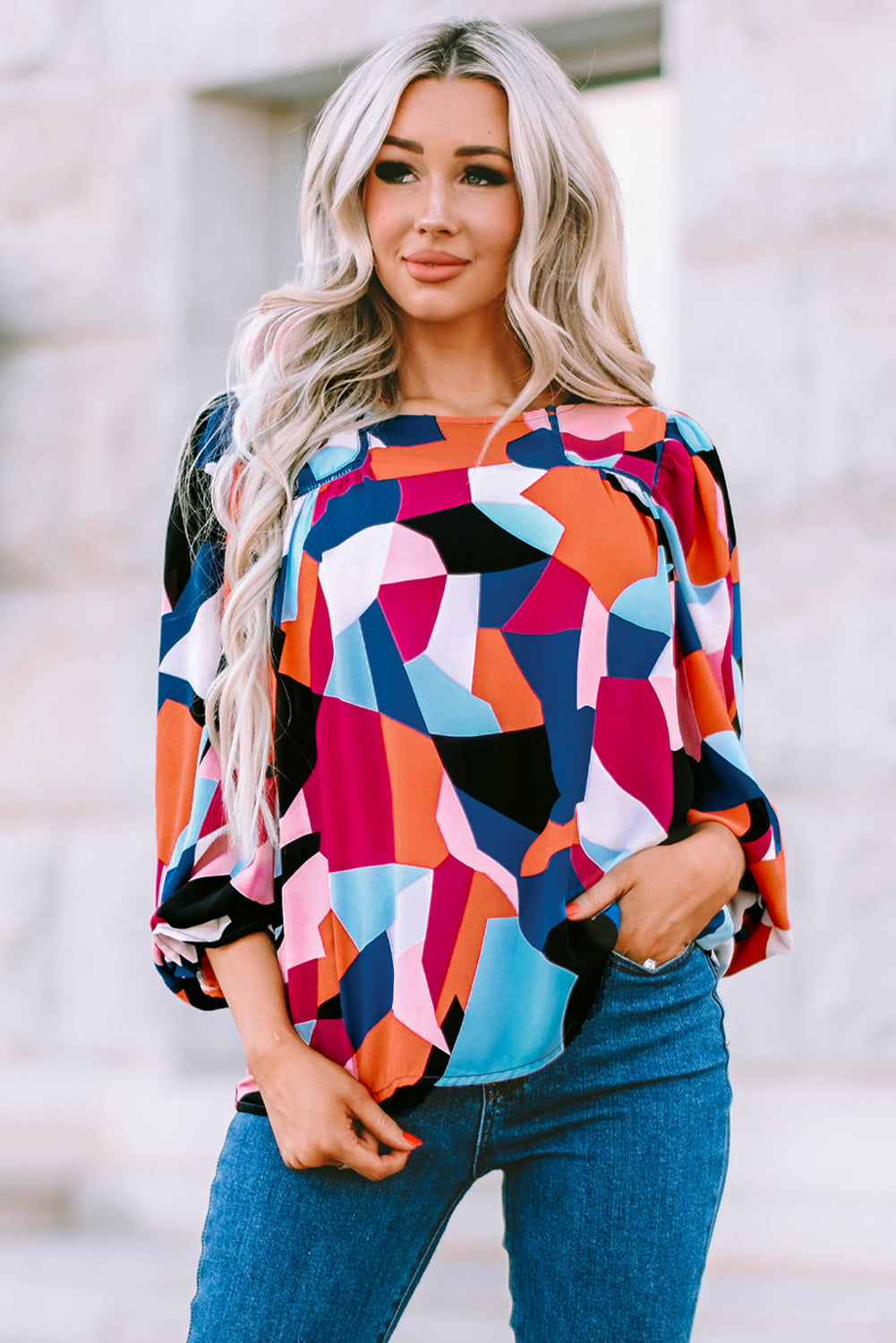 Geometric Flounce Sleeve Blouse - Carly Joann's Closet