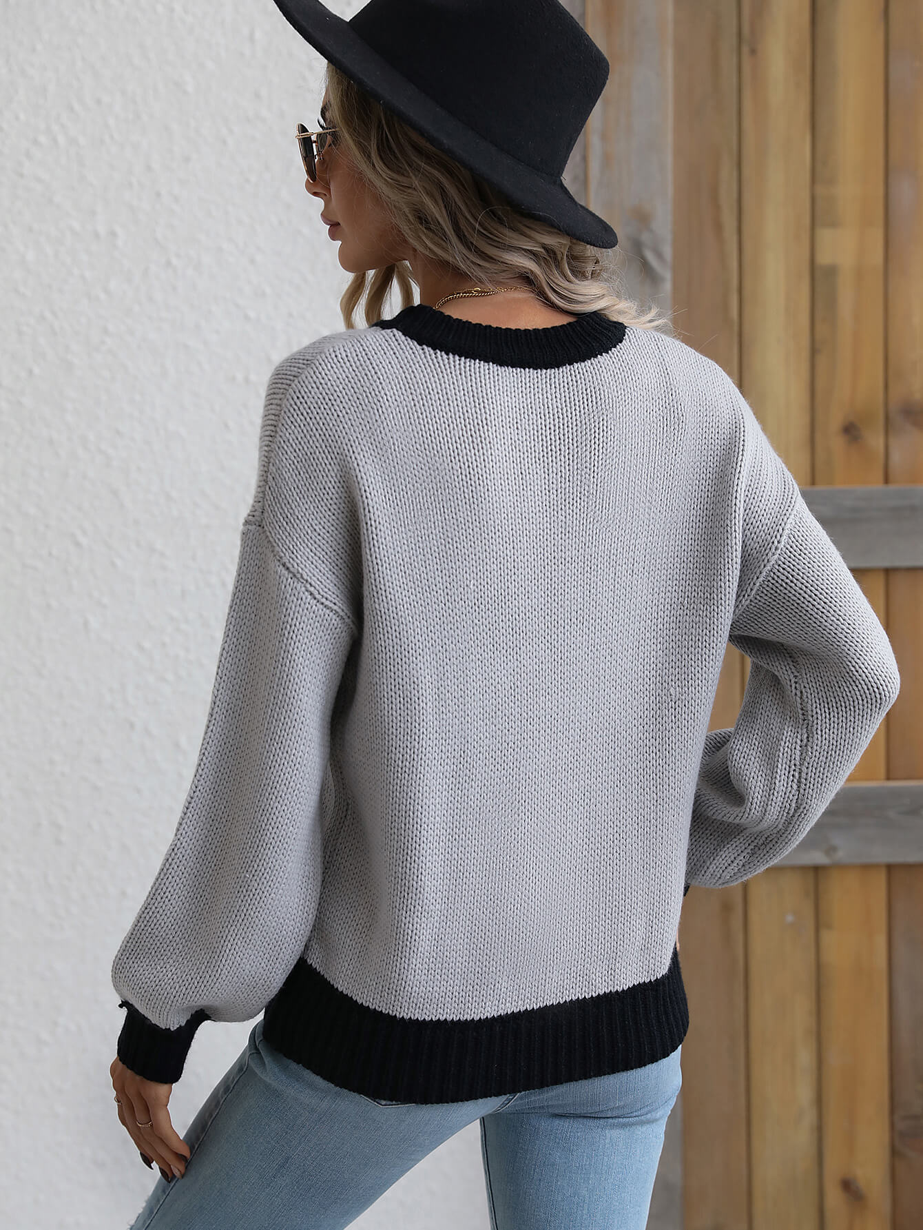 Contrast Trim Drop Shoulder Pullover Sweater - Carly Joann's Closet