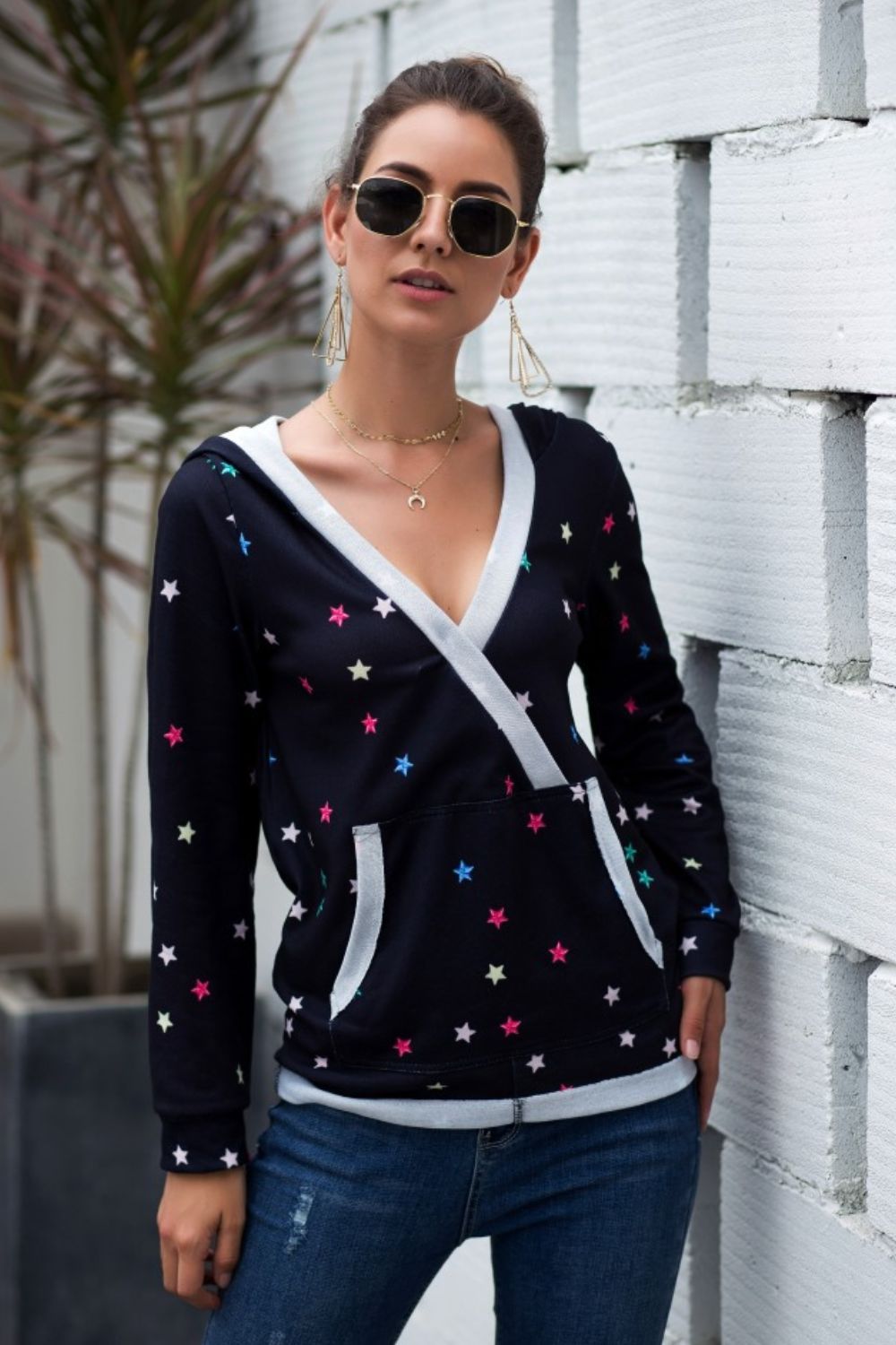 Star Print Kangaroo Pocket Hoodie - Carly Joann's Closet