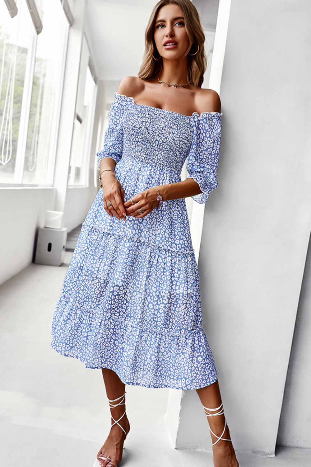 Ditsy Floral Off-Shoulder Smocked Midi Dress - Carly Joann's Closet