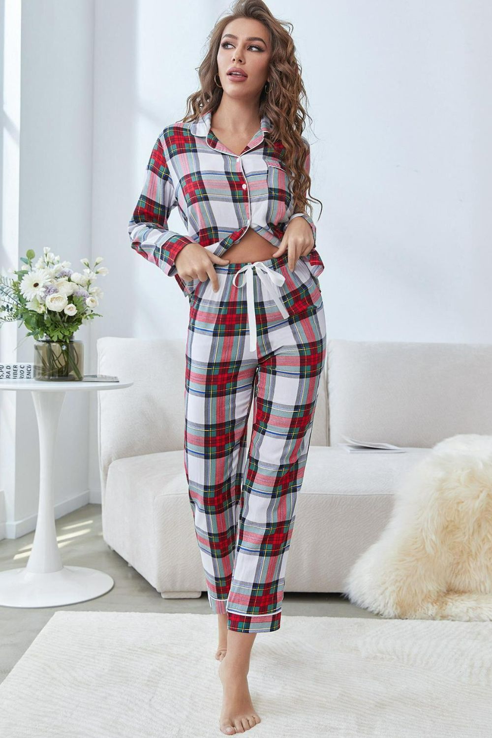 Plaid Button Front Top and Pants Lounge Set - Carly Joann's Closet