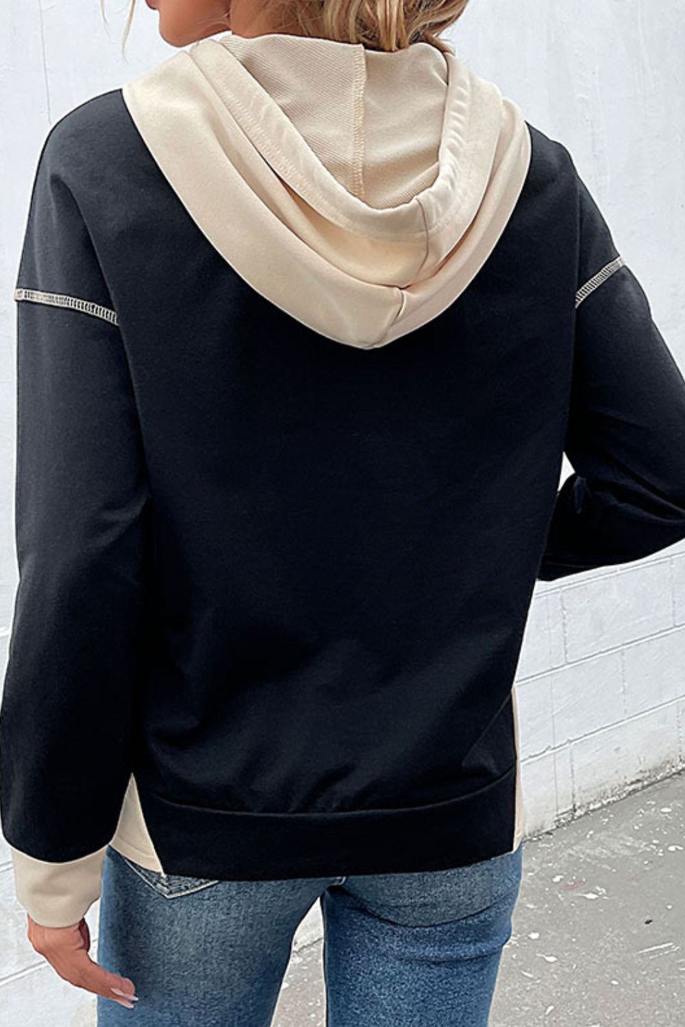 Contrast Drawstring Detail Drop Shoulder Hoodie - Carly Joann's Closet