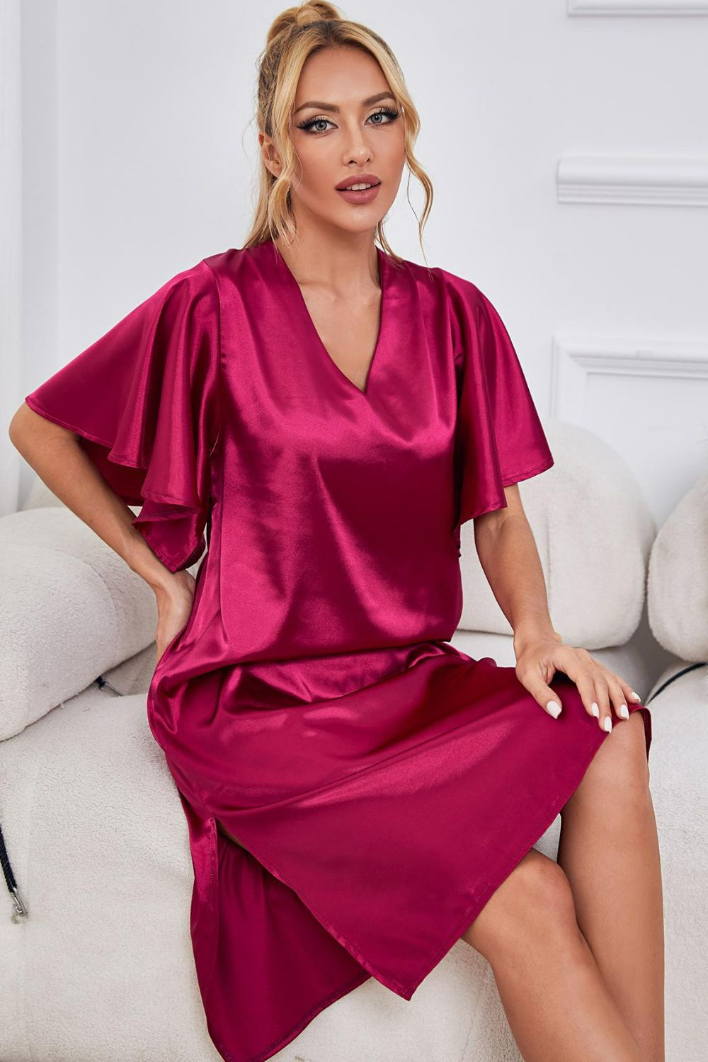 Satin Flutter Sleeve Side Slit V-Neck Night Dress - Carly Joann's Closet