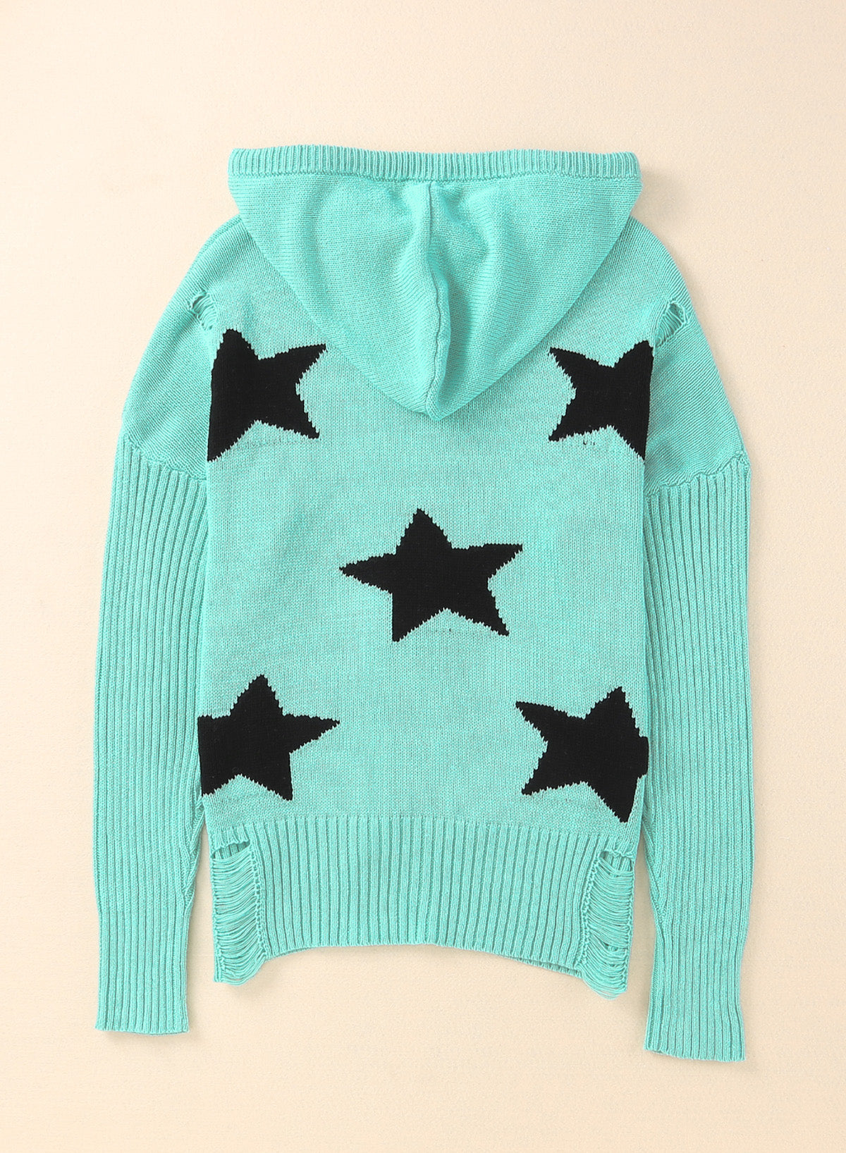 Star Distressed Slit Hooded Sweater - Carly Joann's Closet