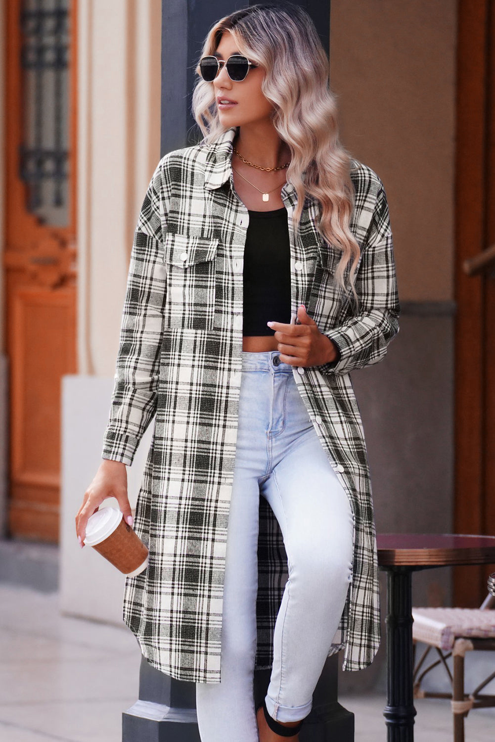 Plaid Button-Up Longline Shacket with Breast Pockets - Carly Joann's Closet