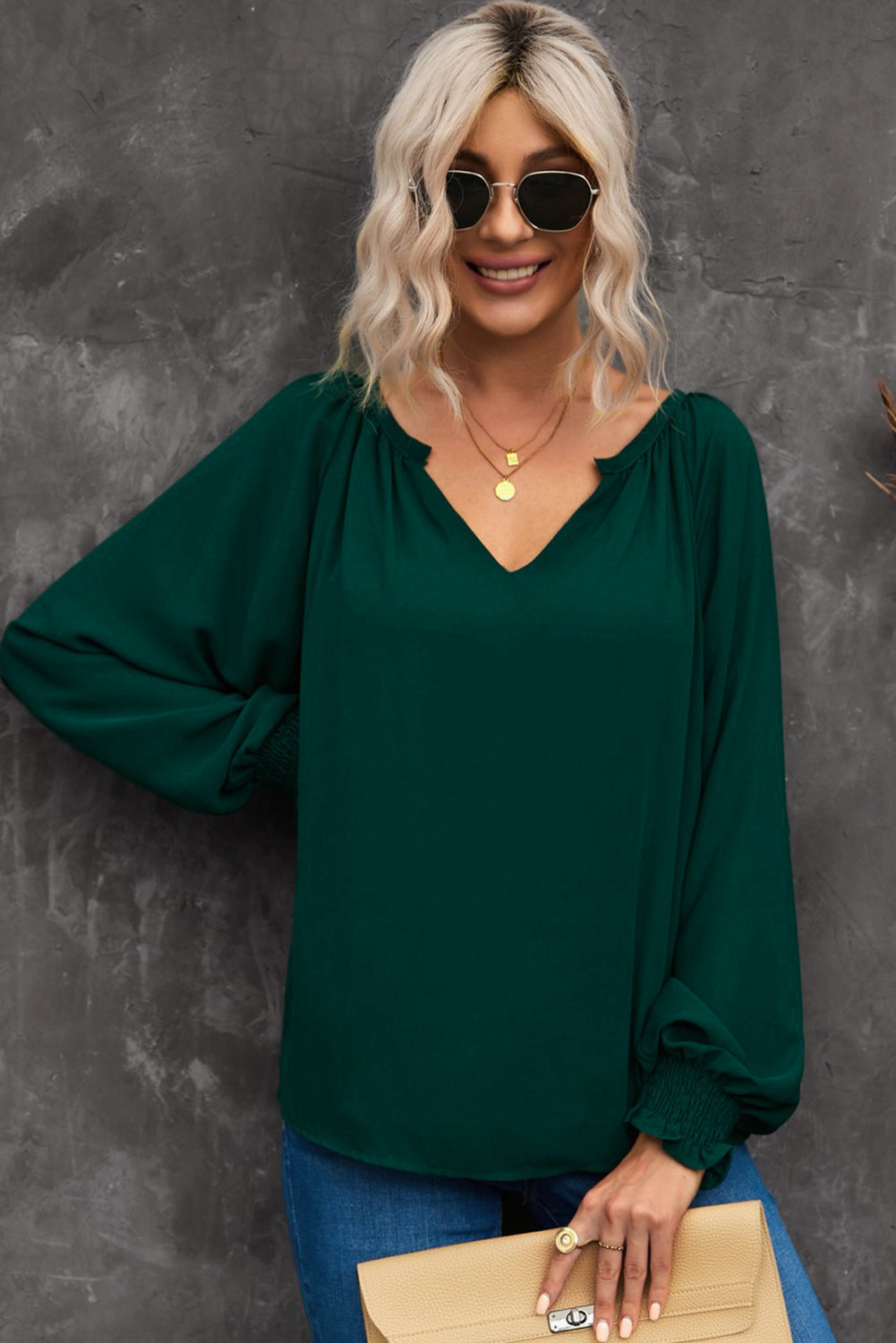 Notched Neck Lantern Sleeve Blouse - Carly Joann's Closet