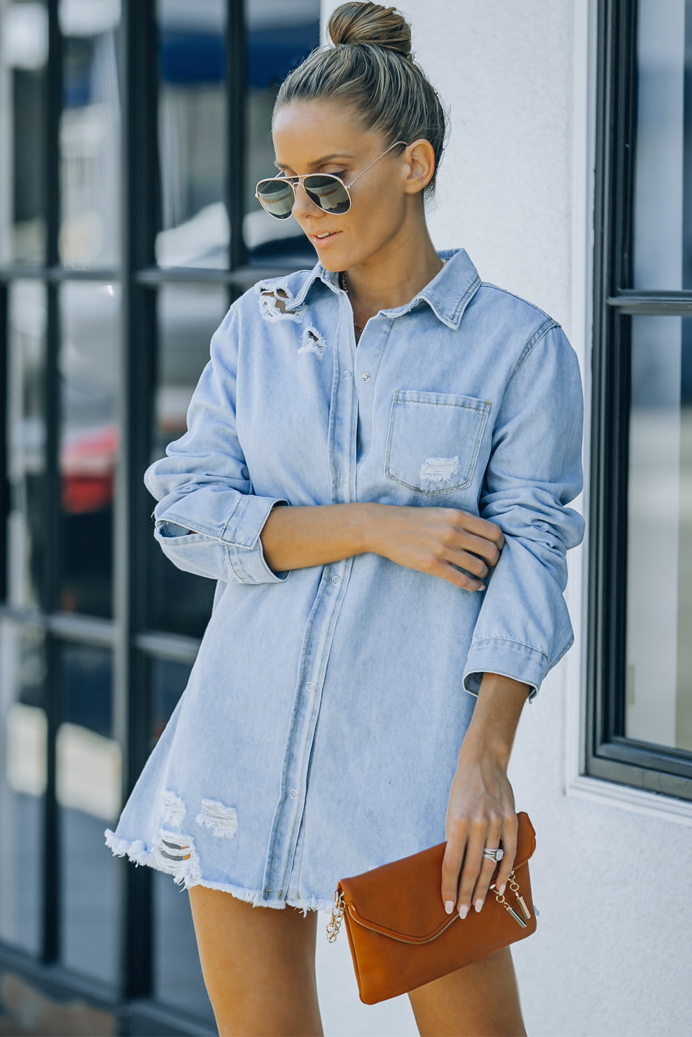 Distressed Snap Down Denim Jacket - Carly Joann's Closet