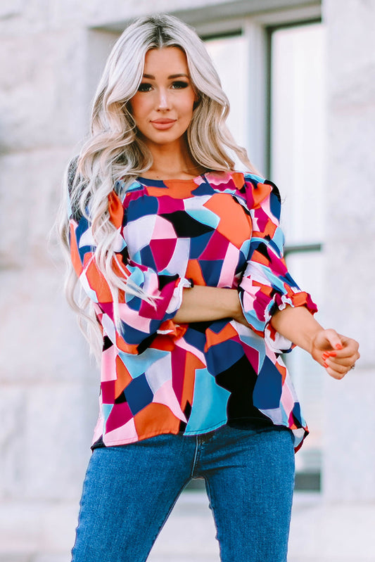 Geometric Flounce Sleeve Blouse - Carly Joann's Closet