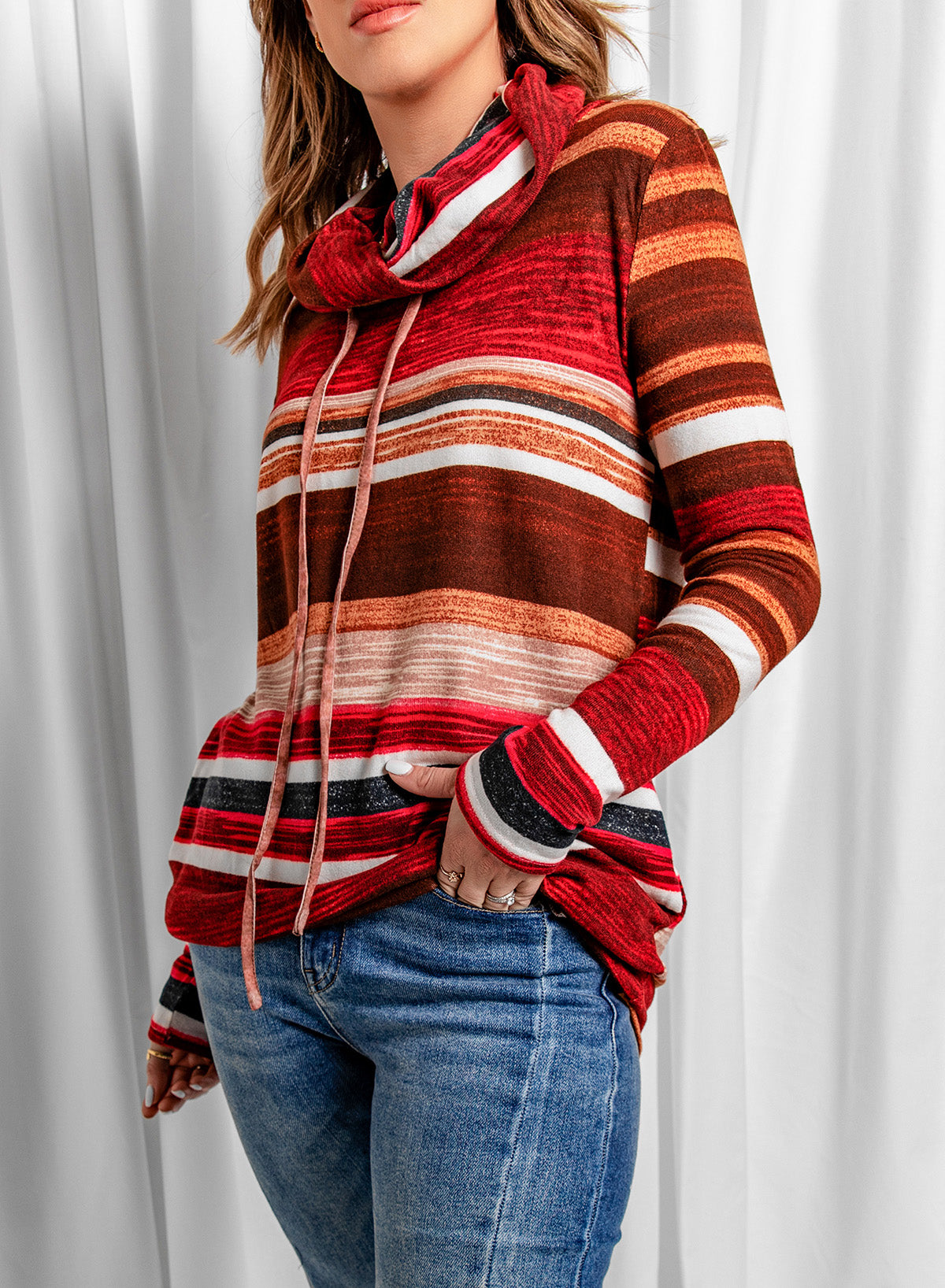 Striped Cowl Neck Tunic Sweatshirt - Carly Joann's Closet