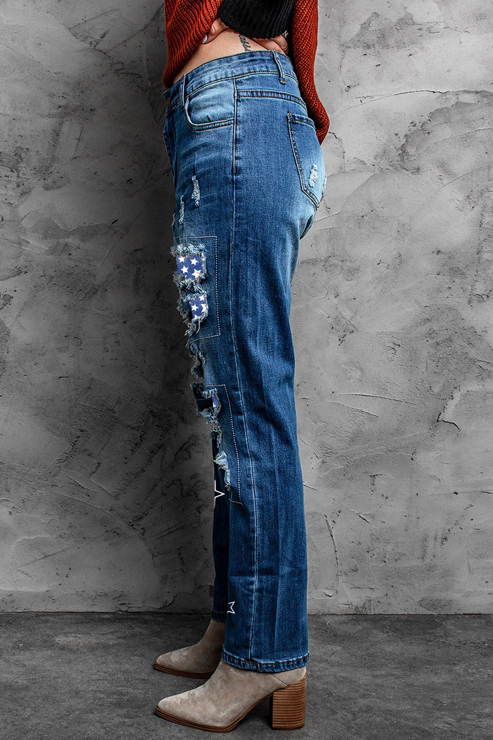 Printed Patch Distressed Boyfriend Jeans - Carly Joann's Closet