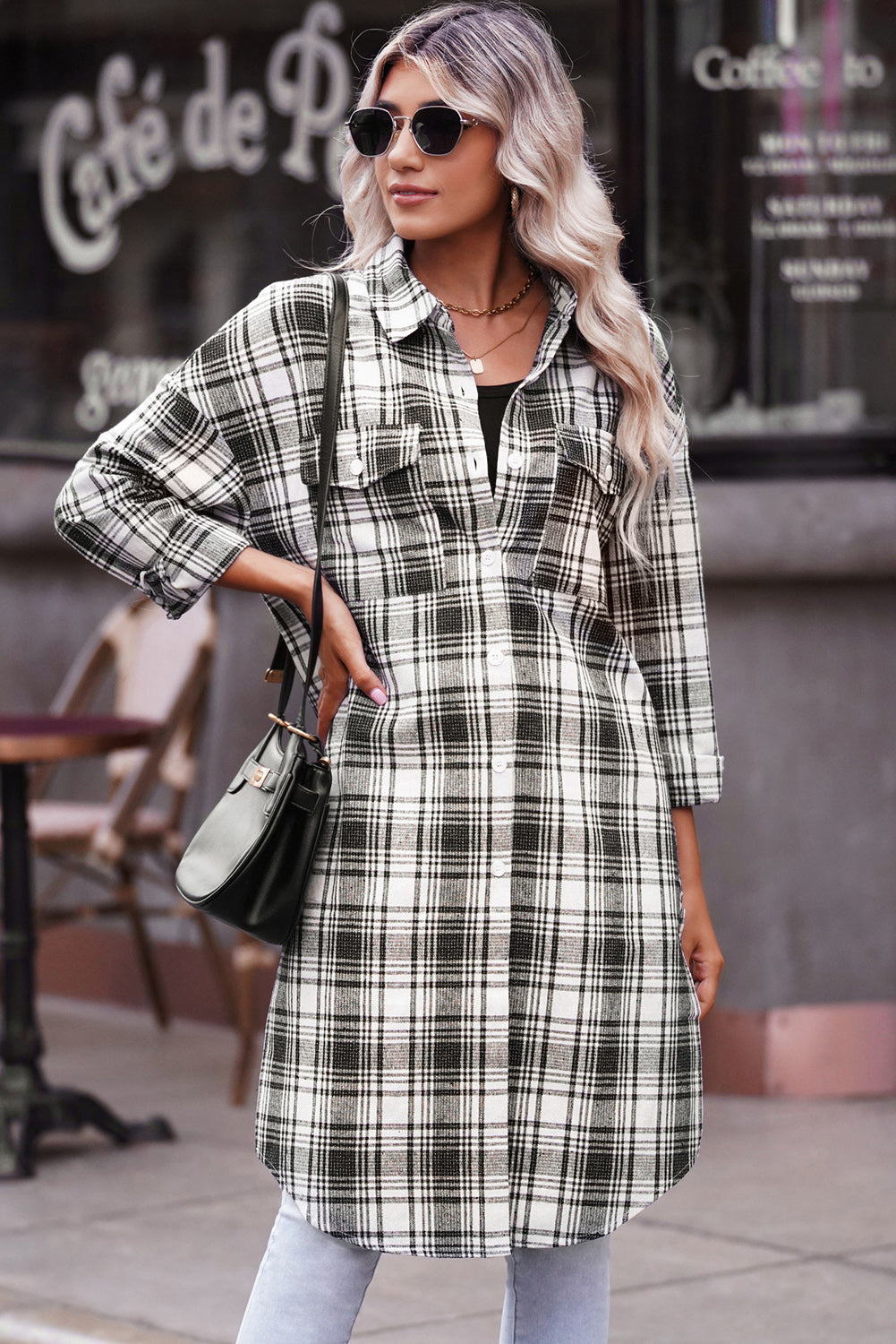 Plaid Button-Up Longline Shacket with Breast Pockets - Carly Joann's Closet