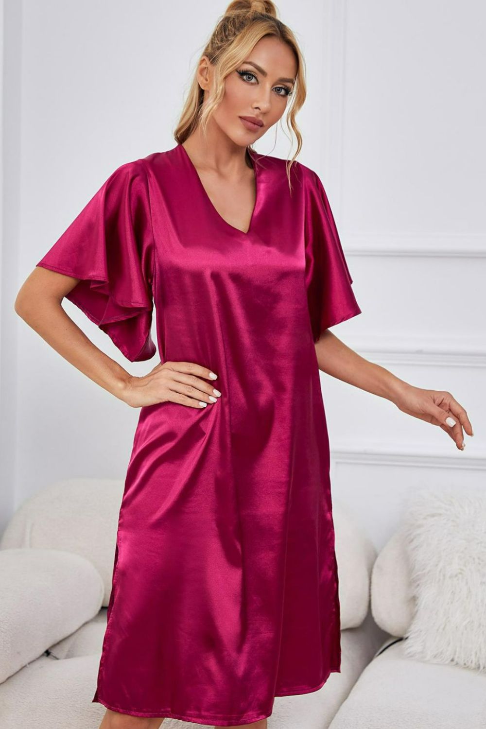 Satin Flutter Sleeve Side Slit V-Neck Night Dress - Carly Joann's Closet