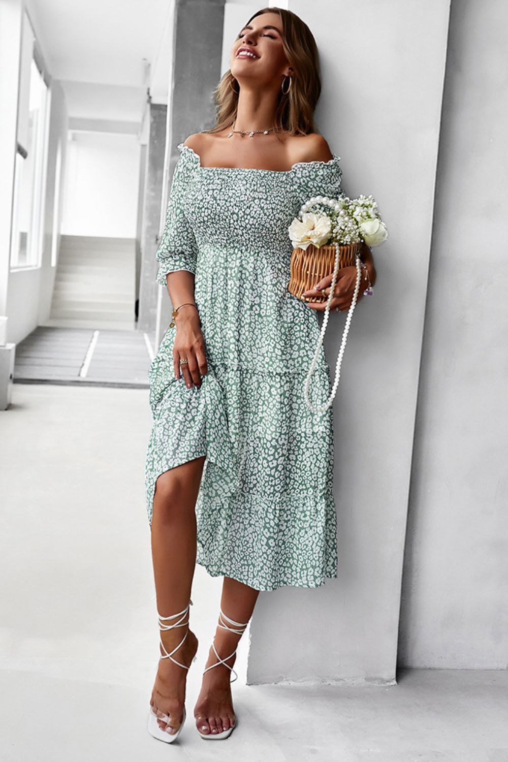 Ditsy Floral Off-Shoulder Smocked Midi Dress - Carly Joann's Closet