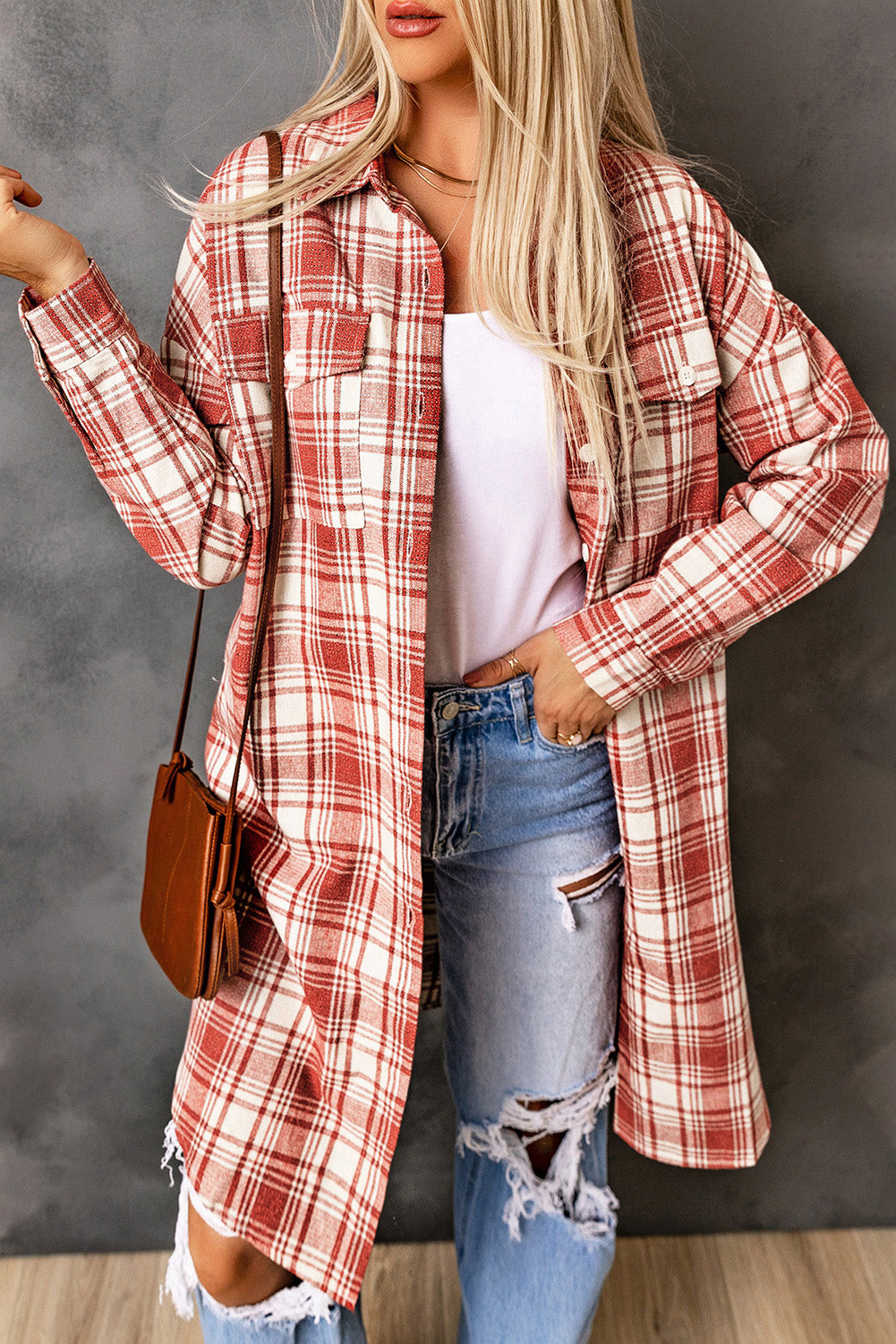 Plaid Button-Up Longline Shacket with Breast Pockets - Carly Joann's Closet