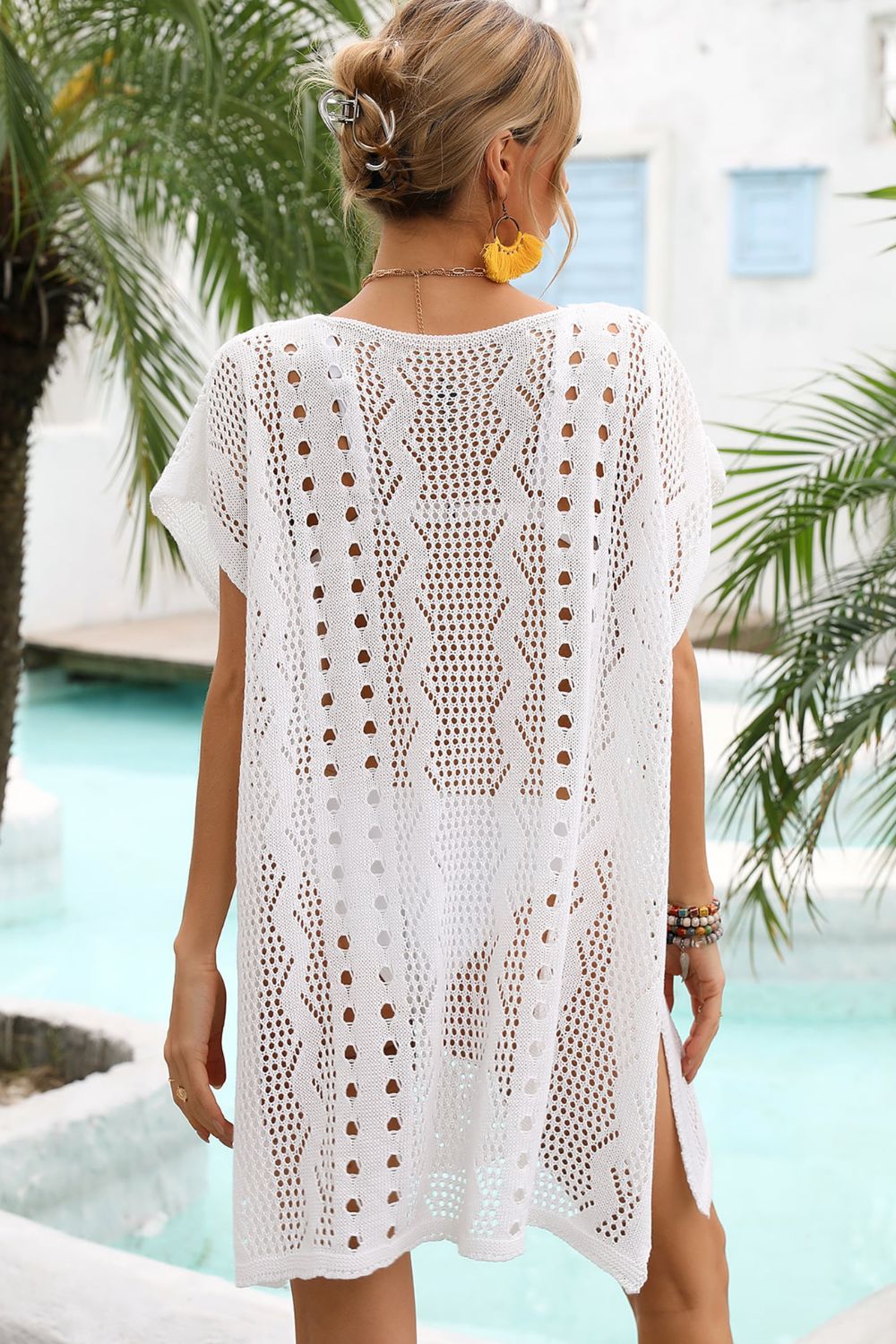 Openwork Plunge Dolman Sleeve Cover-Up Dress - Carly Joann's Closet