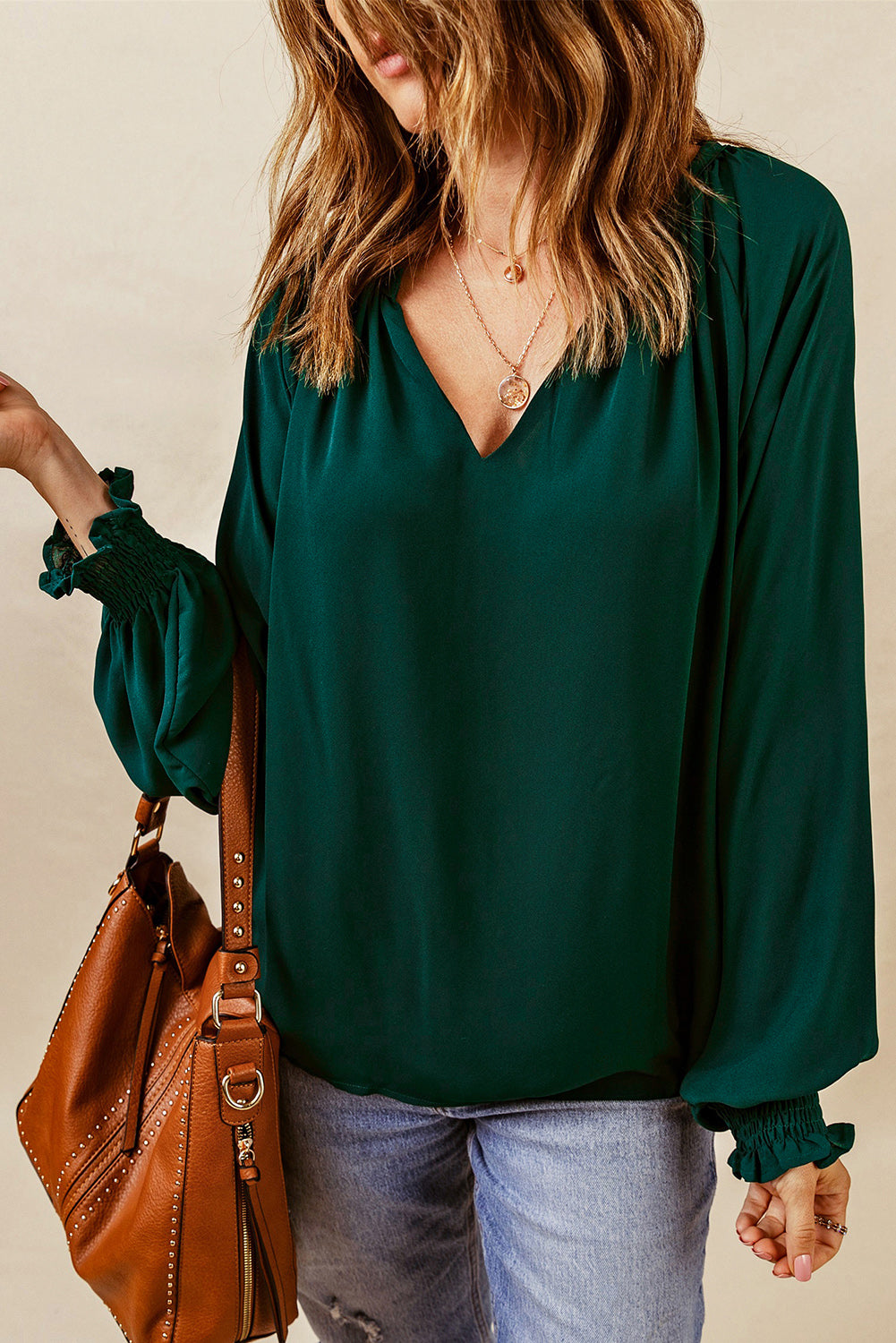 Notched Neck Lantern Sleeve Blouse - Carly Joann's Closet