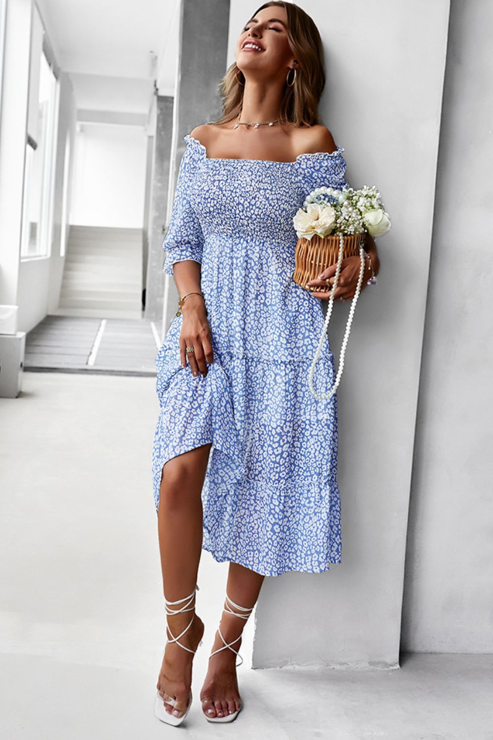 Ditsy Floral Off-Shoulder Smocked Midi Dress - Carly Joann's Closet