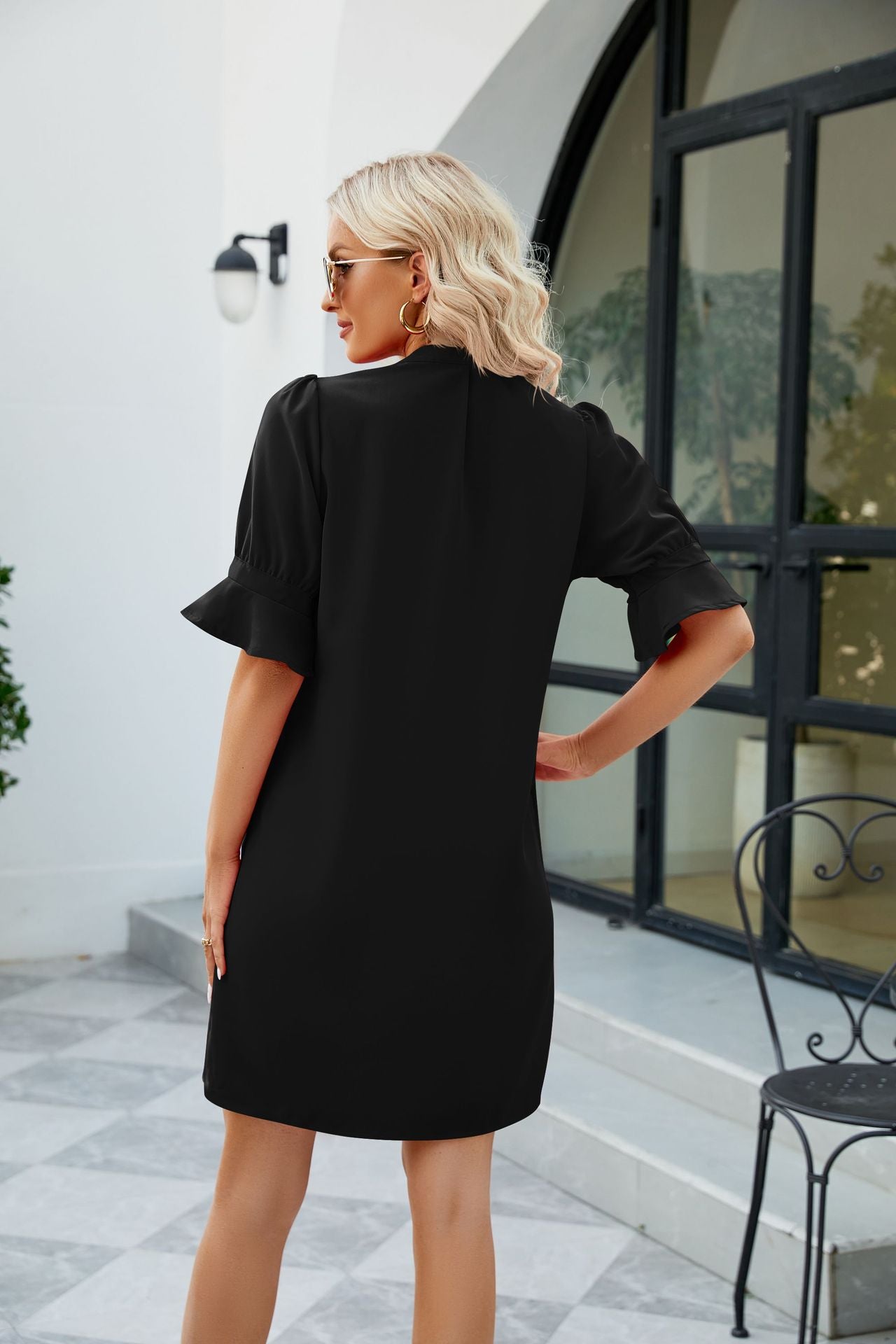 Notched Neck Flounce Sleeve Mini Dress - Carly Joann's Closet