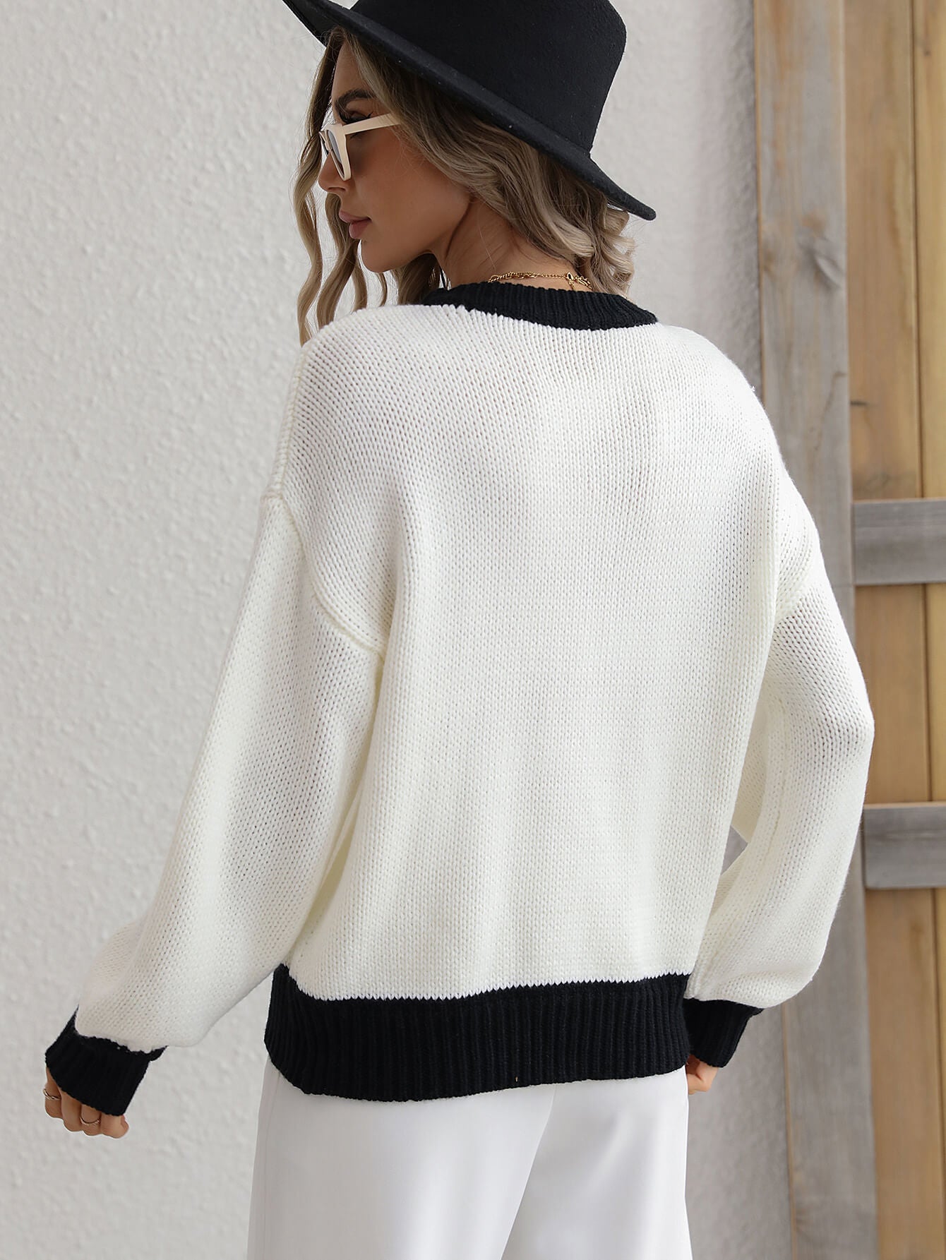 Contrast Trim Drop Shoulder Pullover Sweater - Carly Joann's Closet