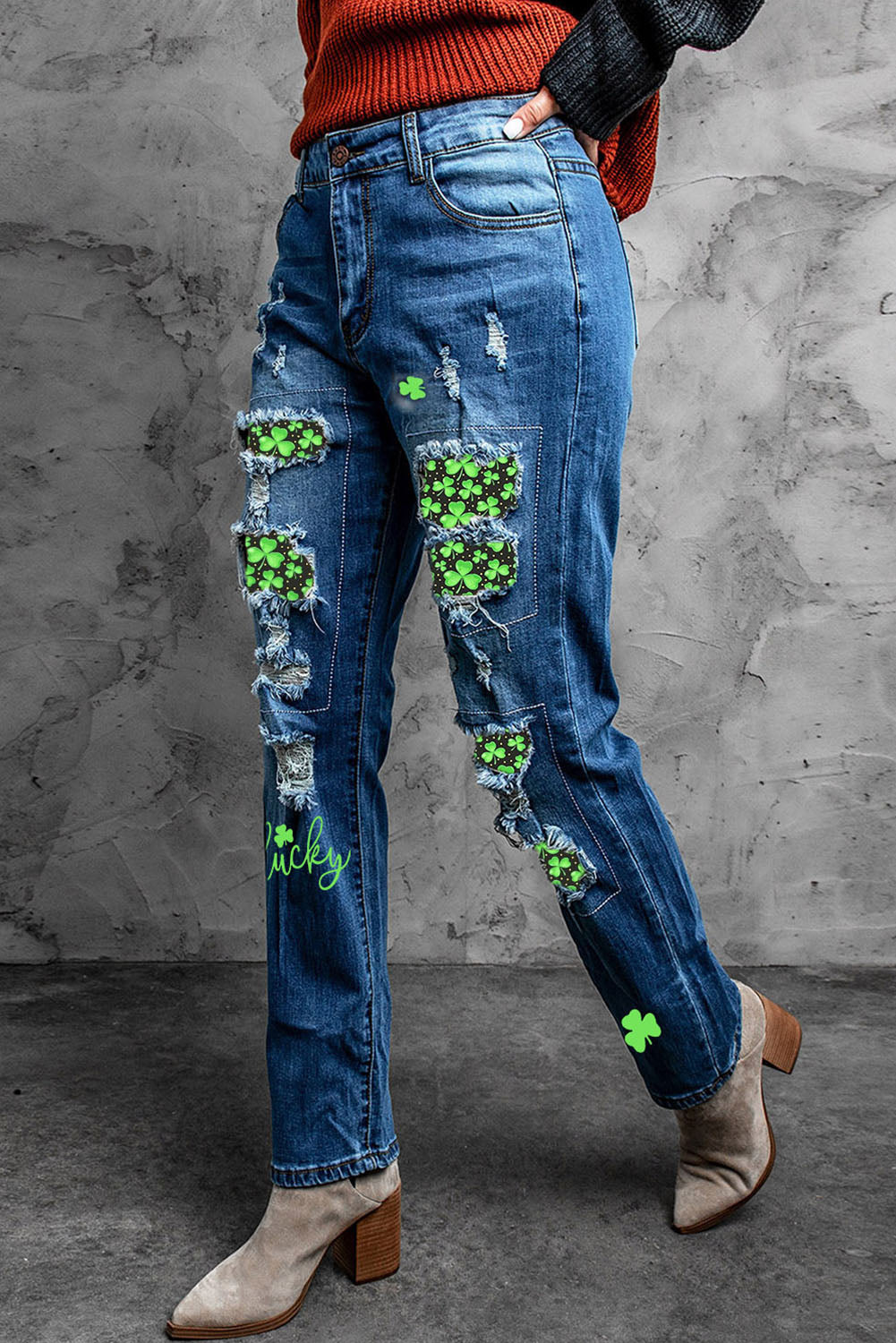 Printed Patch Distressed Boyfriend Jeans - Carly Joann's Closet