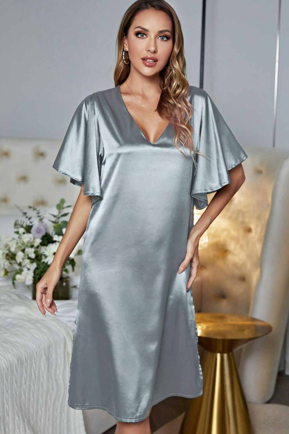 Satin Flutter Sleeve Side Slit V-Neck Night Dress - Carly Joann's Closet