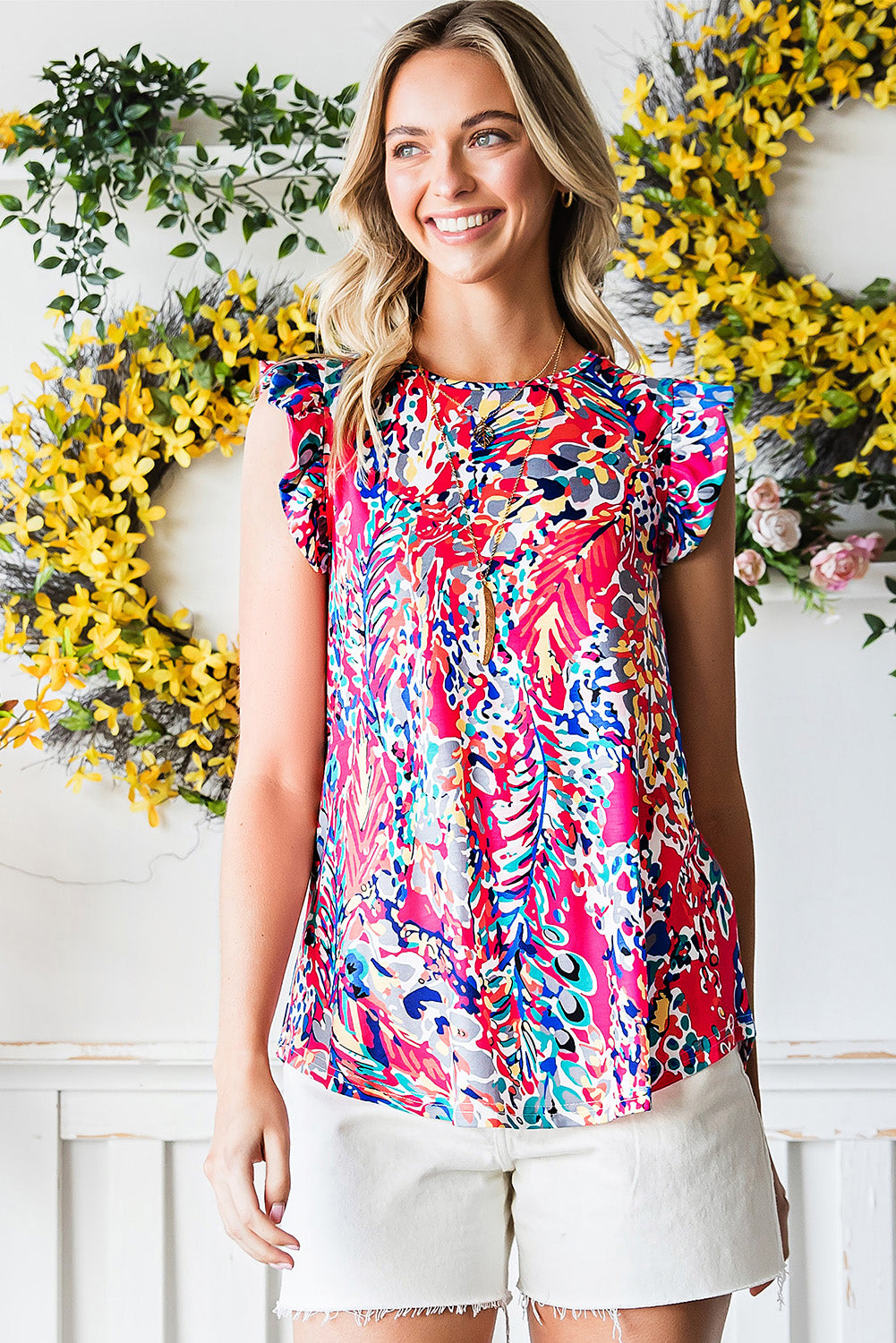 Abstract Print Ruffle Shoulder Top - Carly Joann's Closet