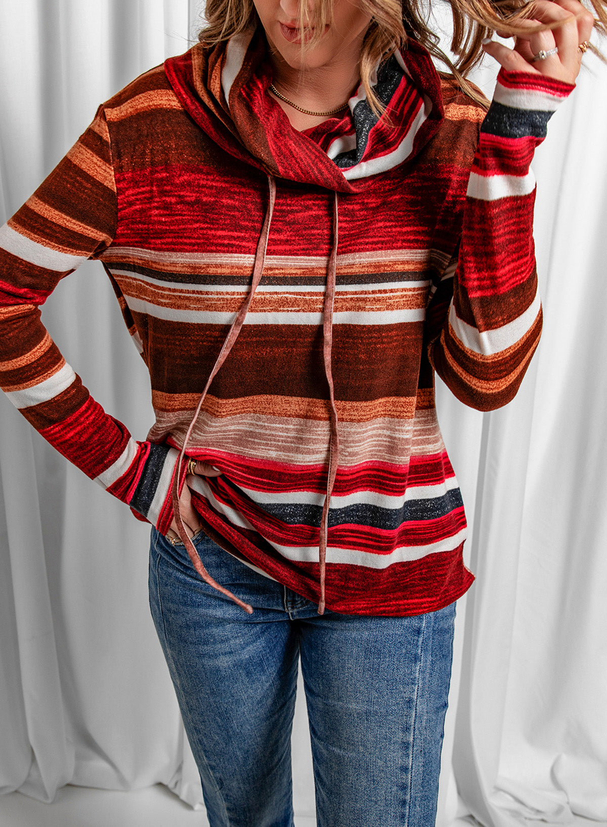 Striped Cowl Neck Tunic Sweatshirt - Carly Joann's Closet