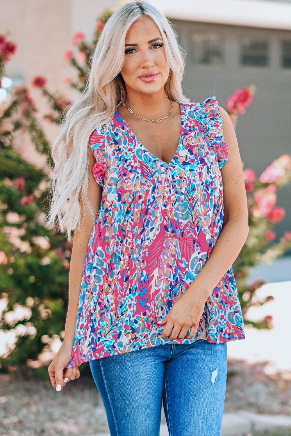 Printed Flutter Sleeve V-Neck Top cf - Carly Joann's Closet