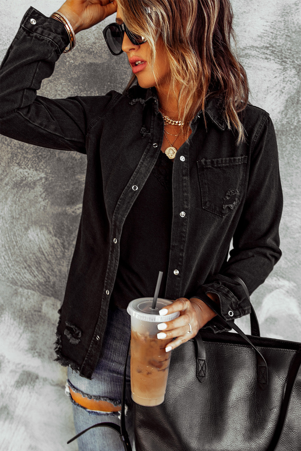 Distressed Snap Down Denim Jacket - Carly Joann's Closet