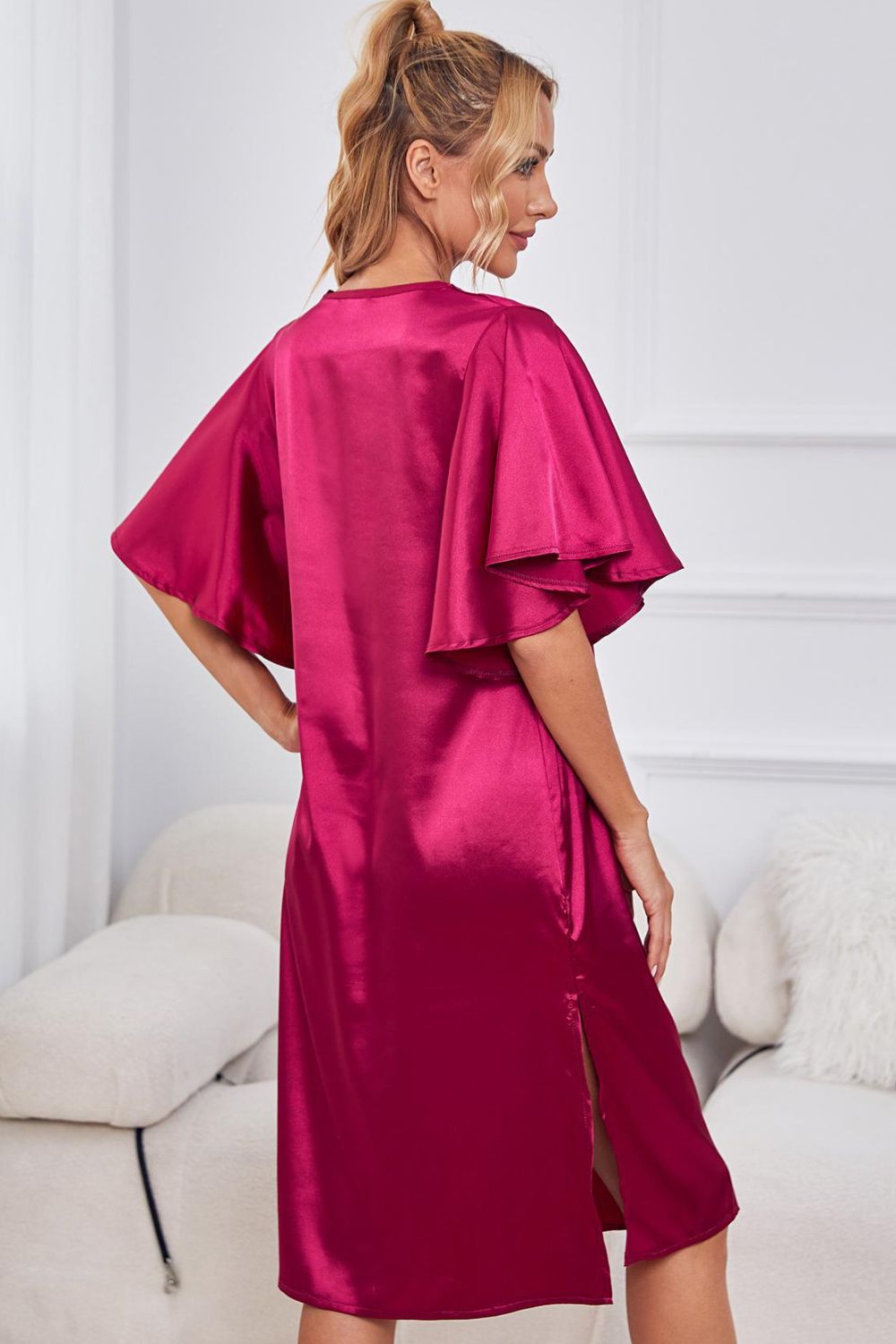 Satin Flutter Sleeve Side Slit V-Neck Night Dress - Carly Joann's Closet