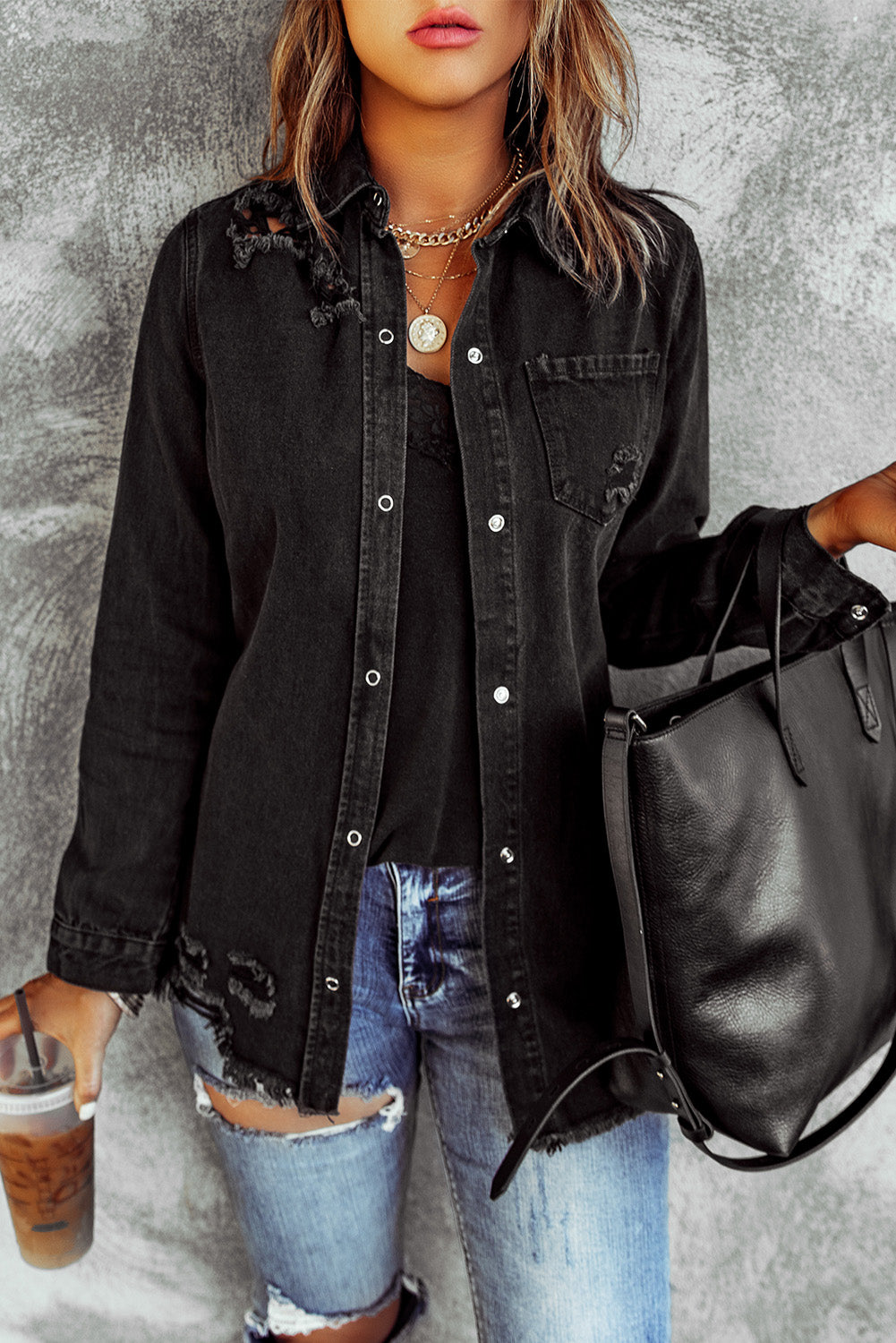 Distressed Snap Down Denim Jacket - Carly Joann's Closet