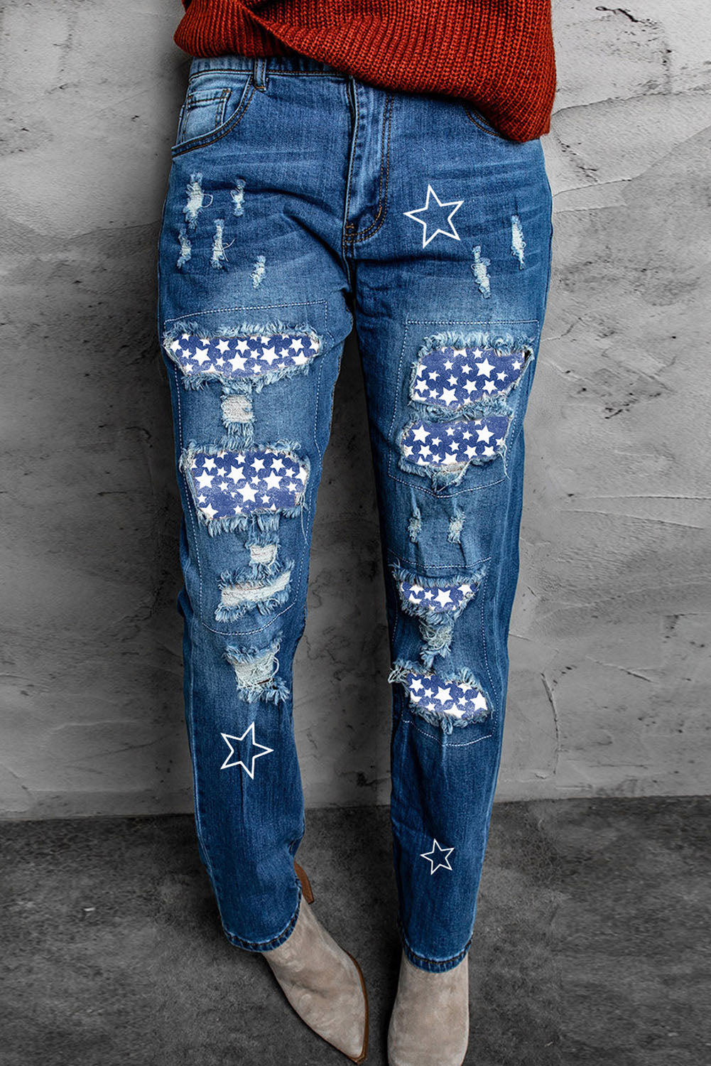 Printed Patch Distressed Boyfriend Jeans - Carly Joann's Closet