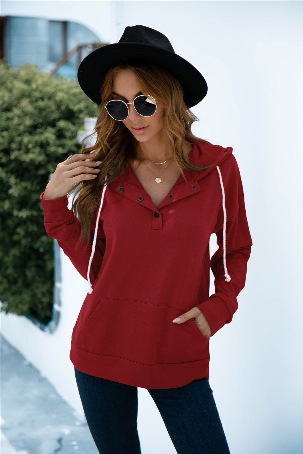 Quarter Snap Drawstring Hoodie with Kangaroo Pocket - Carly Joann's Closet