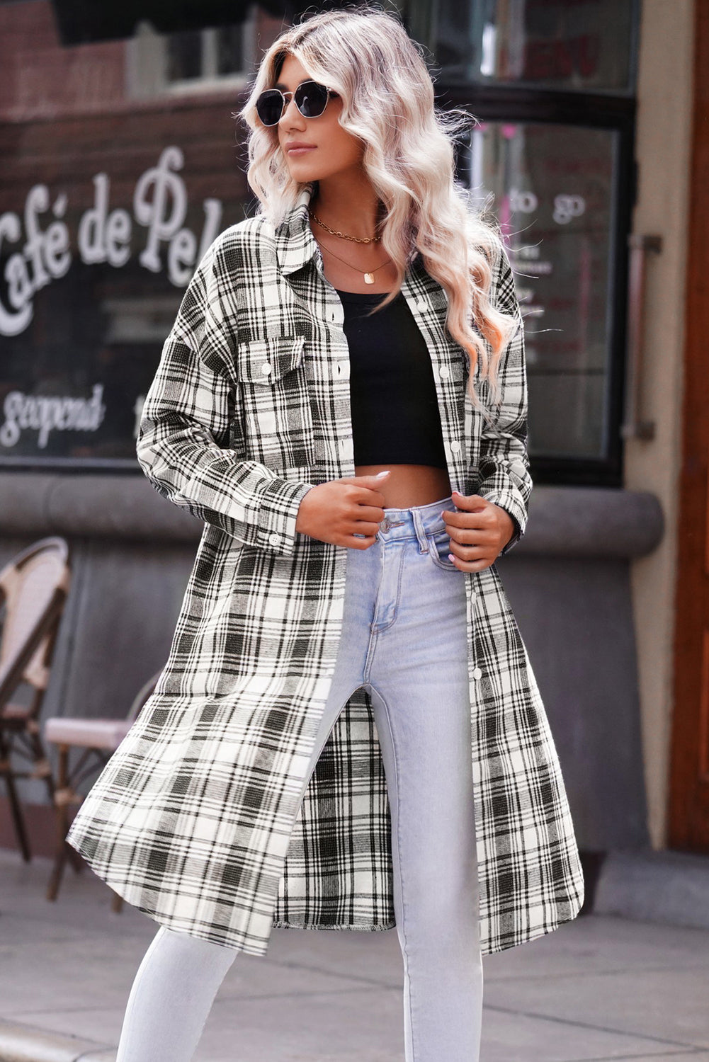 Plaid Button-Up Longline Shacket with Breast Pockets - Carly Joann's Closet