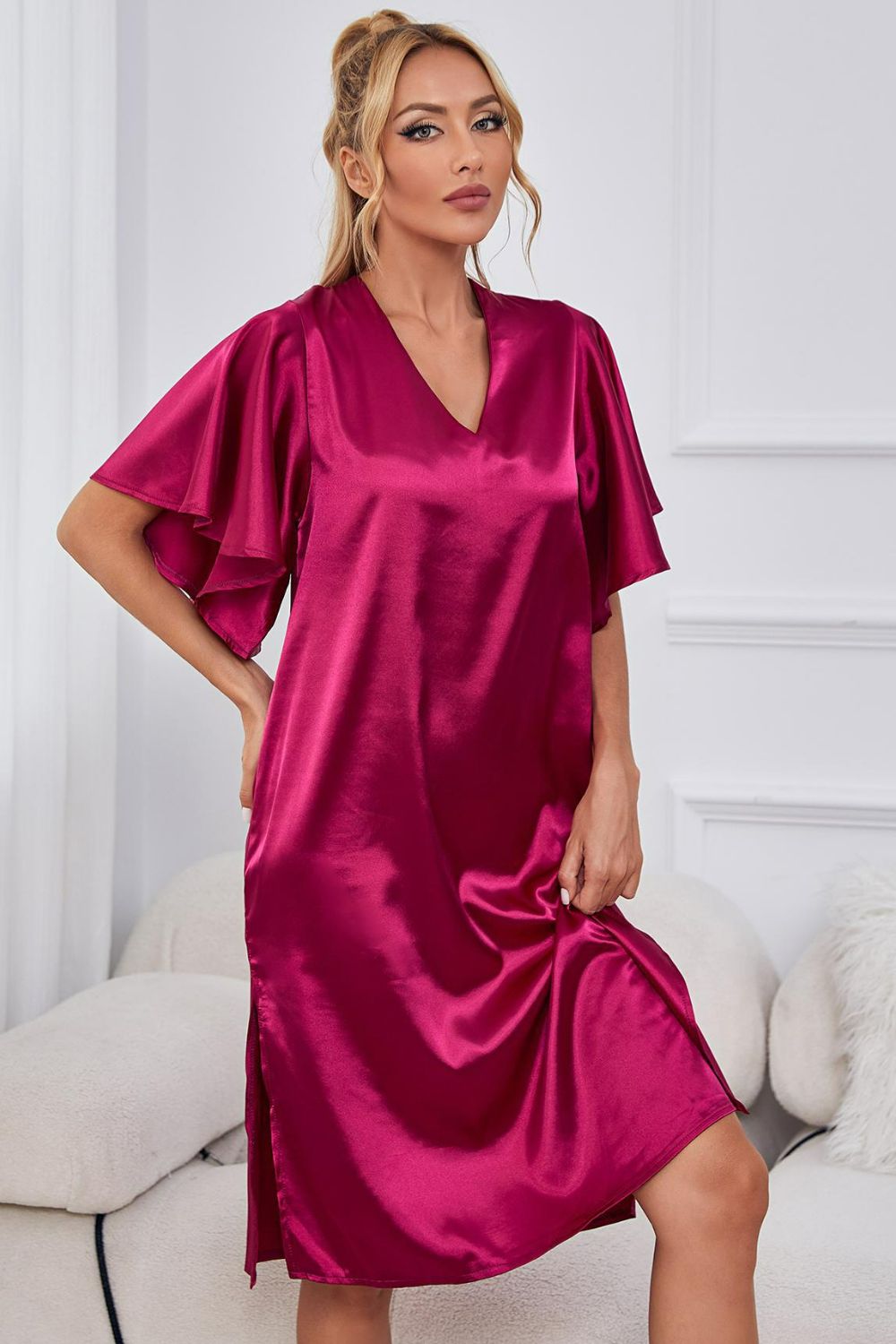 Satin Flutter Sleeve Side Slit V-Neck Night Dress - Carly Joann's Closet