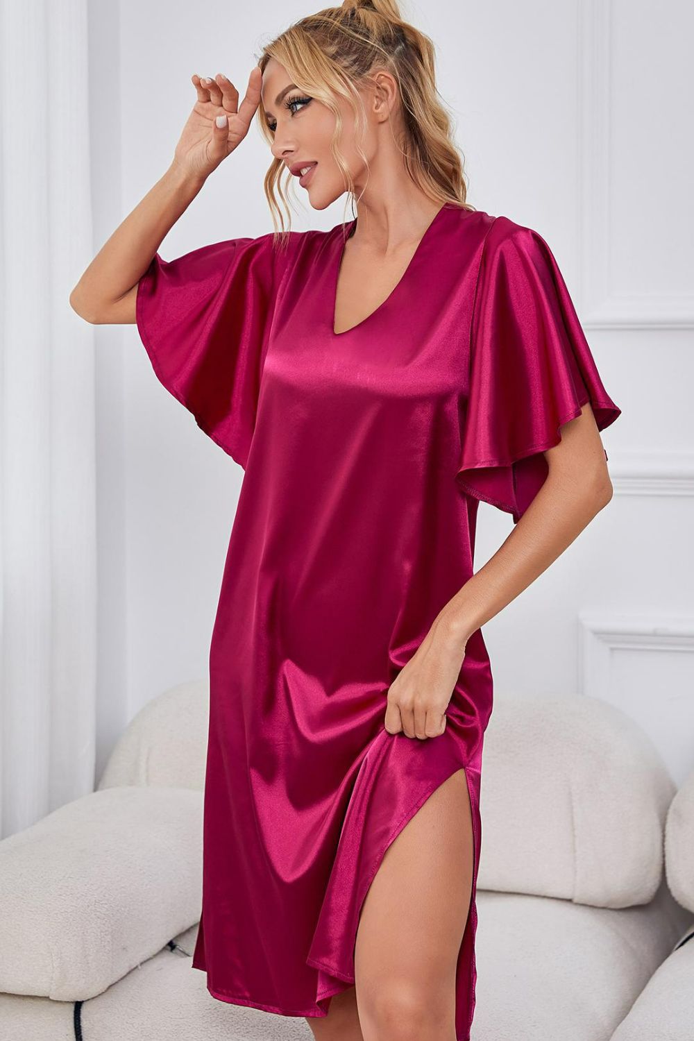 Satin Flutter Sleeve Side Slit V-Neck Night Dress - Carly Joann's Closet