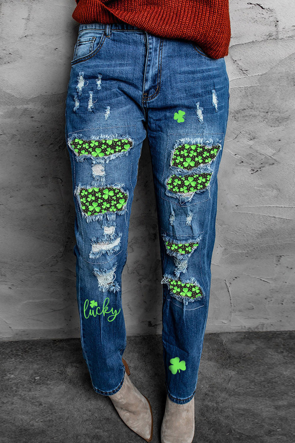 Printed Patch Distressed Boyfriend Jeans - Carly Joann's Closet