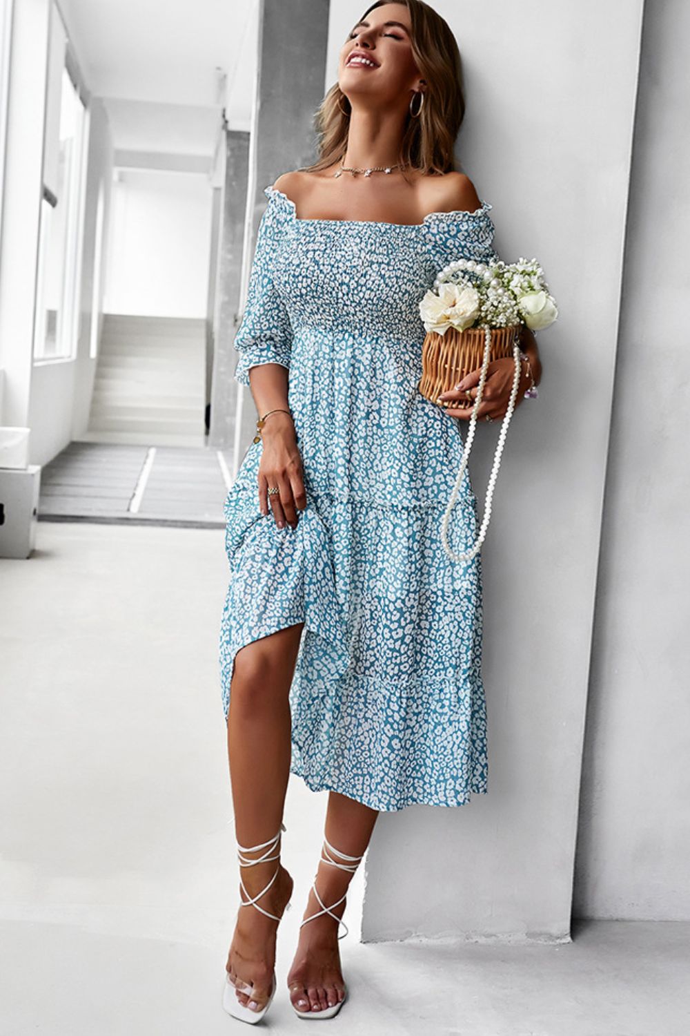 Ditsy Floral Off-Shoulder Smocked Midi Dress - Carly Joann's Closet