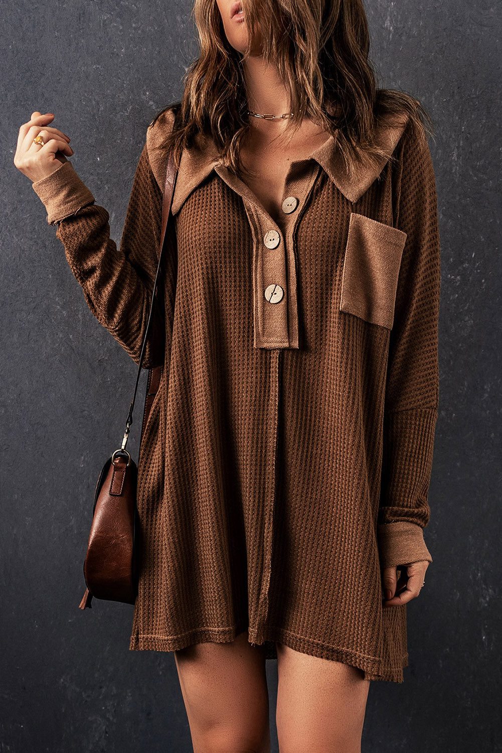 Waffle Knit Buttoned Long Sleeve Top with Breast Pocket - Carly Joann's Closet