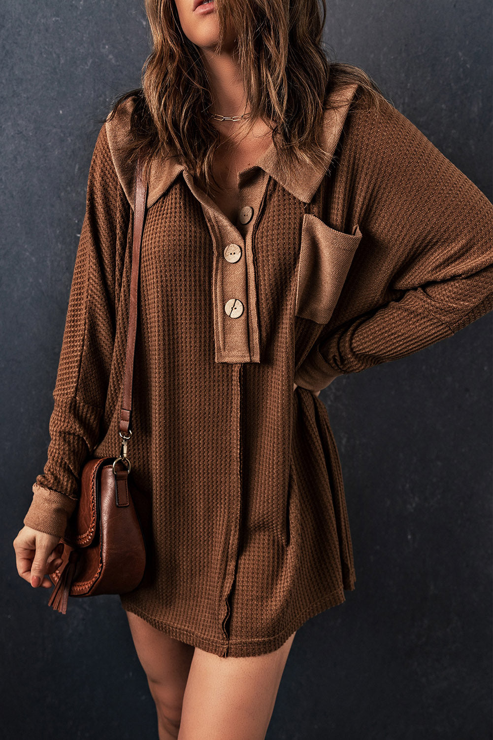 Waffle Knit Buttoned Long Sleeve Top with Breast Pocket - Carly Joann's Closet