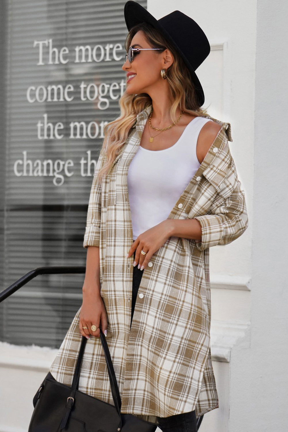 Plaid Button-Up Longline Shacket with Breast Pockets - Carly Joann's Closet